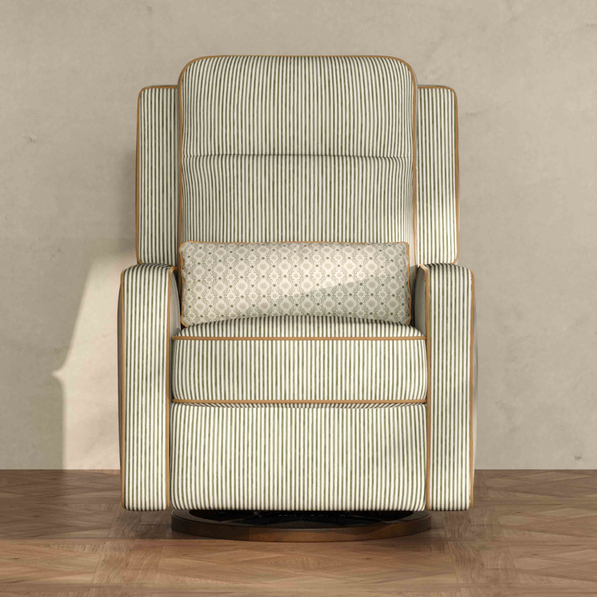 M23082OSCTB,Nate Berkus x Babyletto Sigi Pro Power Recliner in Perf Olive Stripe Eco-Crossweave w/Toffee Base