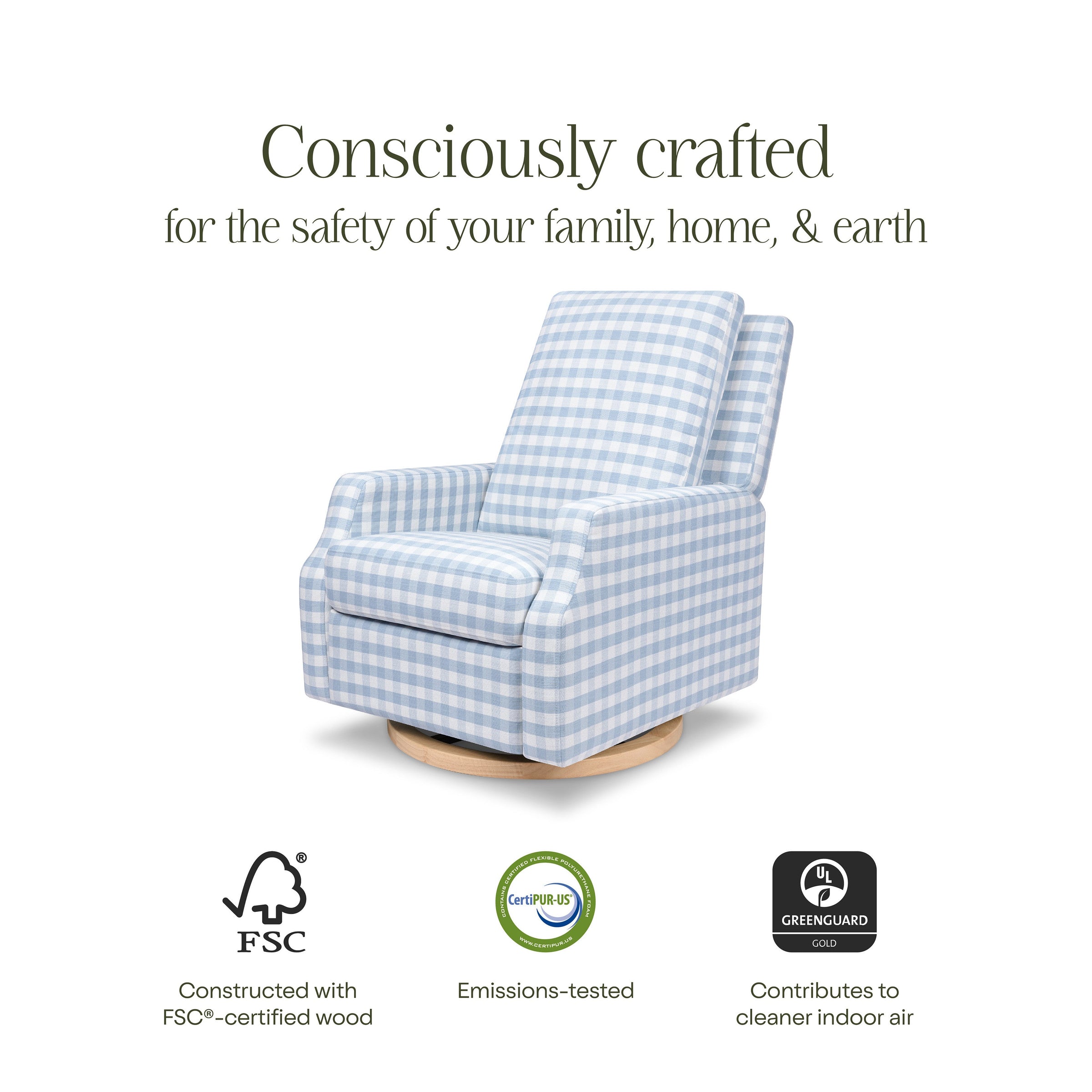 M22287BGHLB,Crewe Recliner and Swivel Glider in Blue Gingham with Light Wood Base