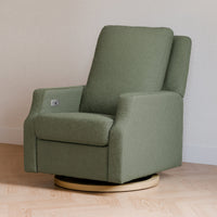M22286OBLB,Crewe Electronic Swivel Glider Recliner in Olive Boucle w/Light Wood Base