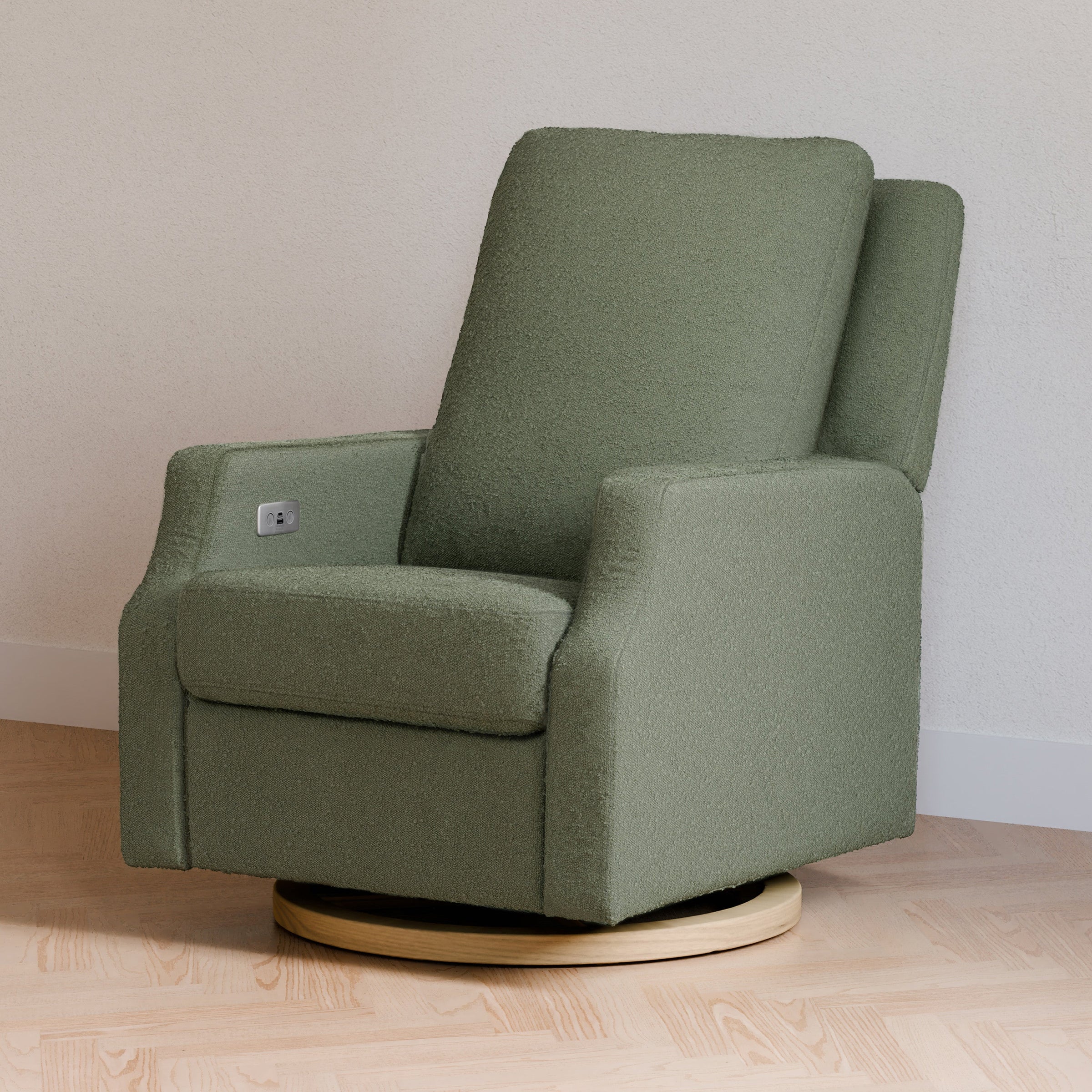 M22286OBLB,Crewe Electronic Swivel Glider Recliner in Olive Boucle w/Light Wood Base