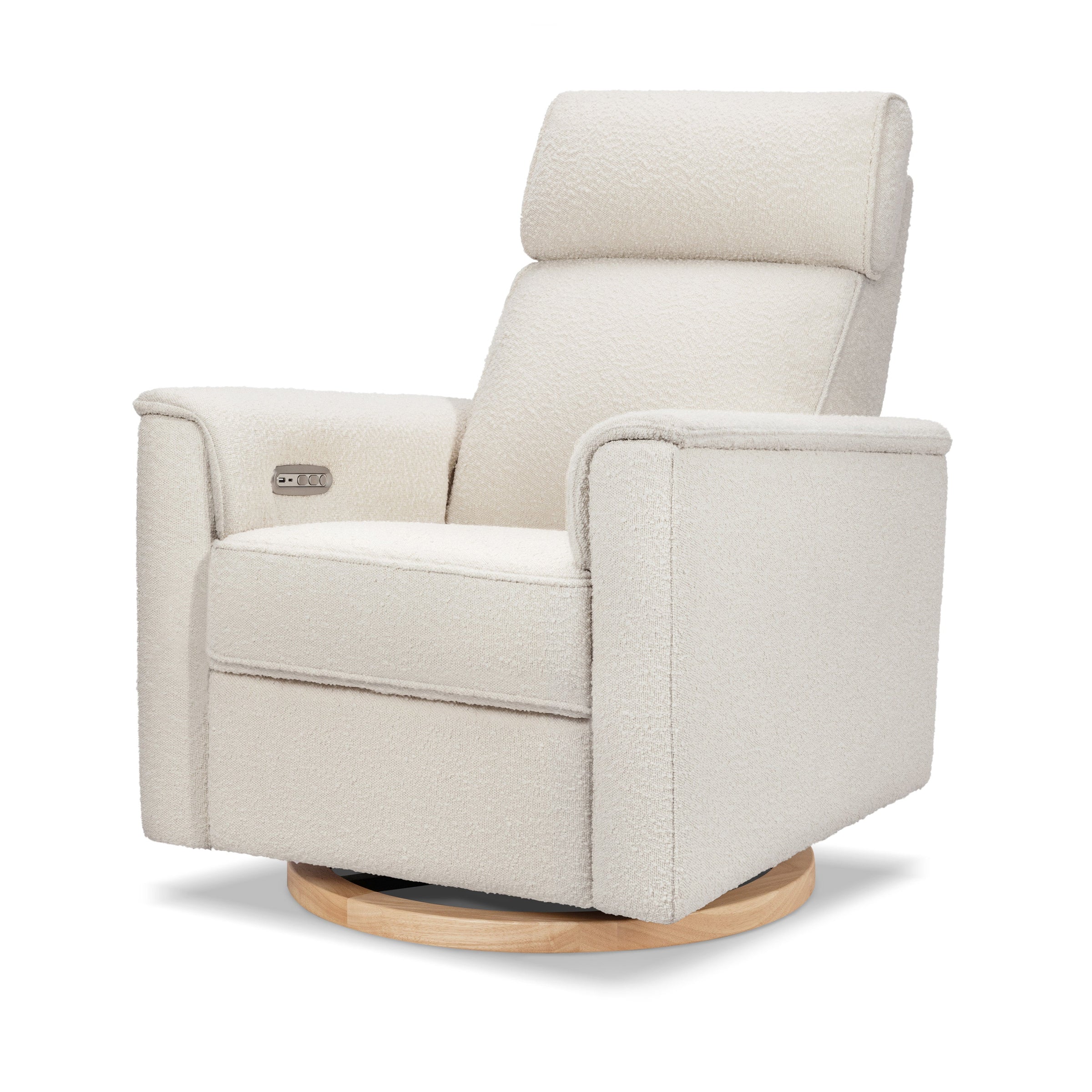 B17186WBLB,Willa Plus Power Glider Recliner w/ Power Headrest in Ivory Boucle with Light Wood Base