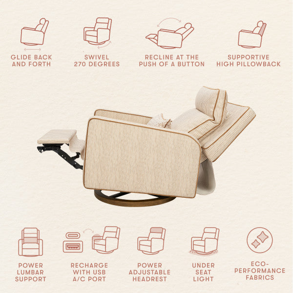 M23082BSCTB,Nate Berkus x Babyletto Sigi Pro Power Recliner in Perf Bronze Stripe Eco-Crossweave w/Toffee Base