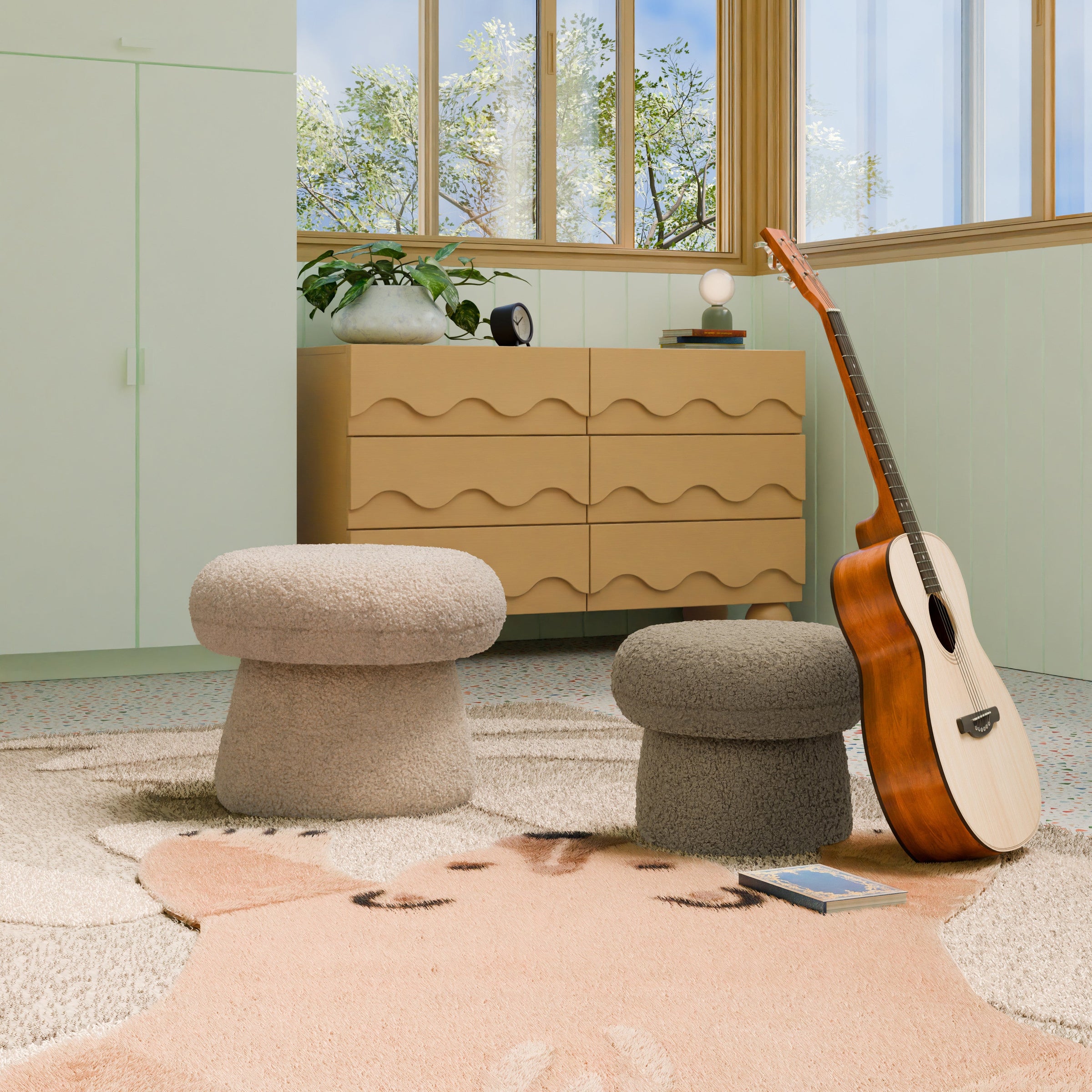 M31585LT,Mini Mushroom Pouf in Latte Teddy Loop