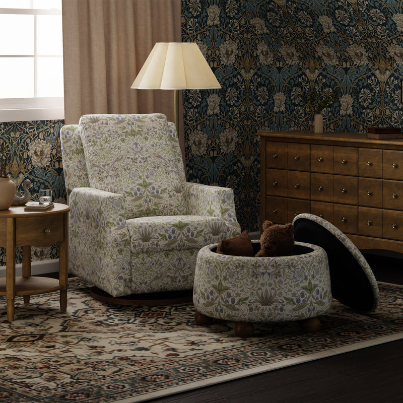 M30985TTFTDF,Tuffet Storage Ottoman Strawberry Thief in Fig&Thyme w/DarkWood Ball Feet