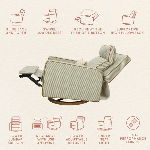 M23082OSCTB,Nate Berkus x Babyletto Sigi Pro Power Recliner in Perf Olive Stripe Eco-Crossweave w/Toffee Base