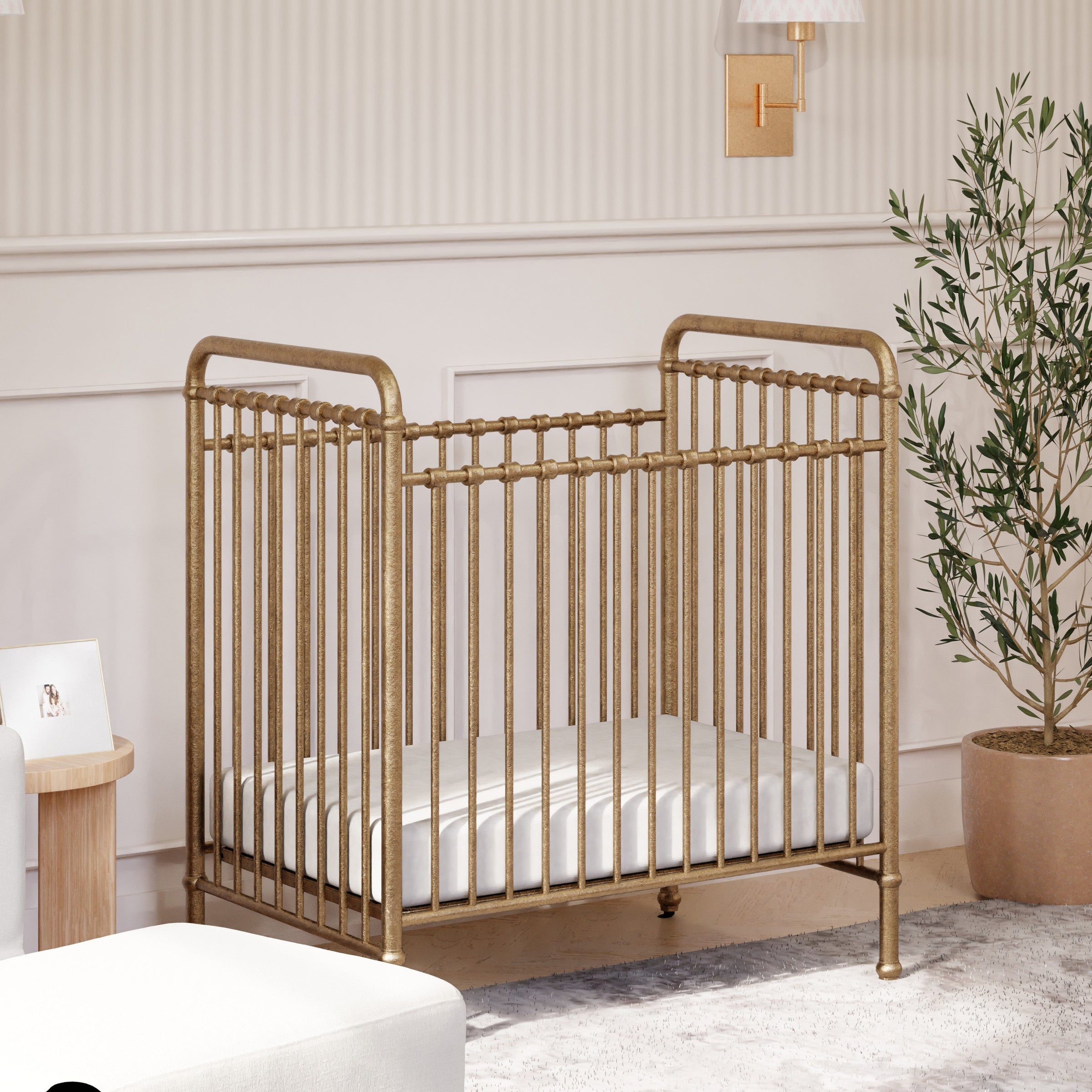 M15598VG,Abigail 3-in-1 Convertible Mini Crib in Vintage Gold