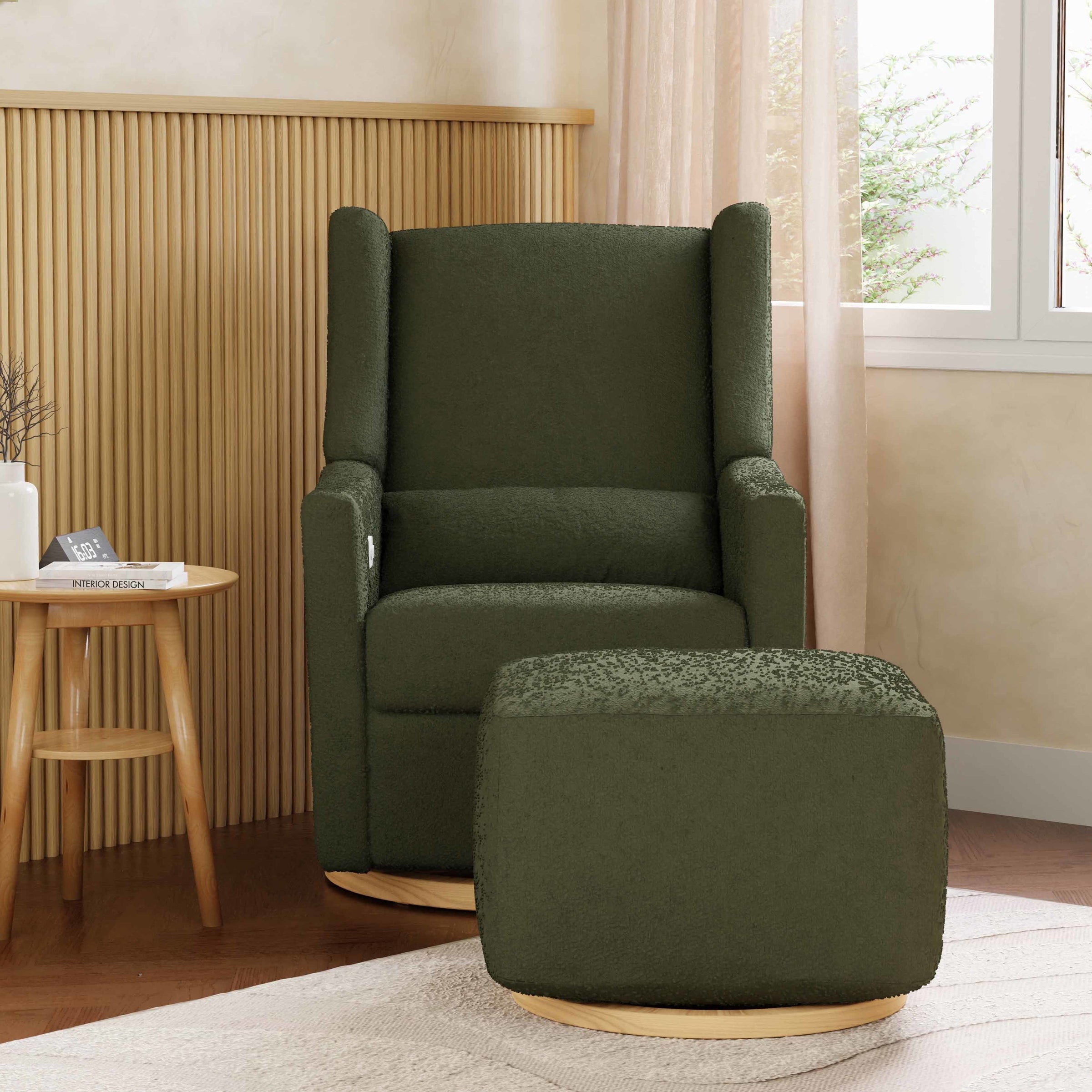 M26385OBLB,Kiwi Gliding Ottoman in Olive Boucle w/ Light Wood Base