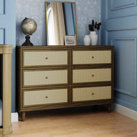 M23716NLBC,Marin with Cane 6 Drawer Assembled Dresser in Natural Walnut and Blonde Cane