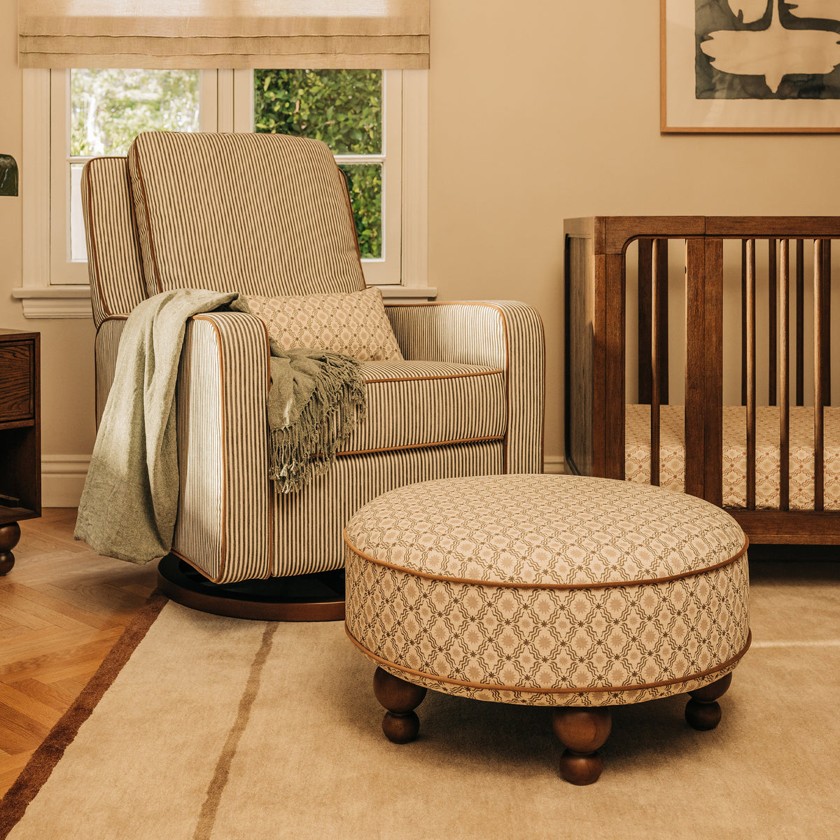 M33385OSRCTF,Nate Berkus x Babyletto Astre Ottoman in Perf Olive Star Eco-Crossweave w/Toffee feet