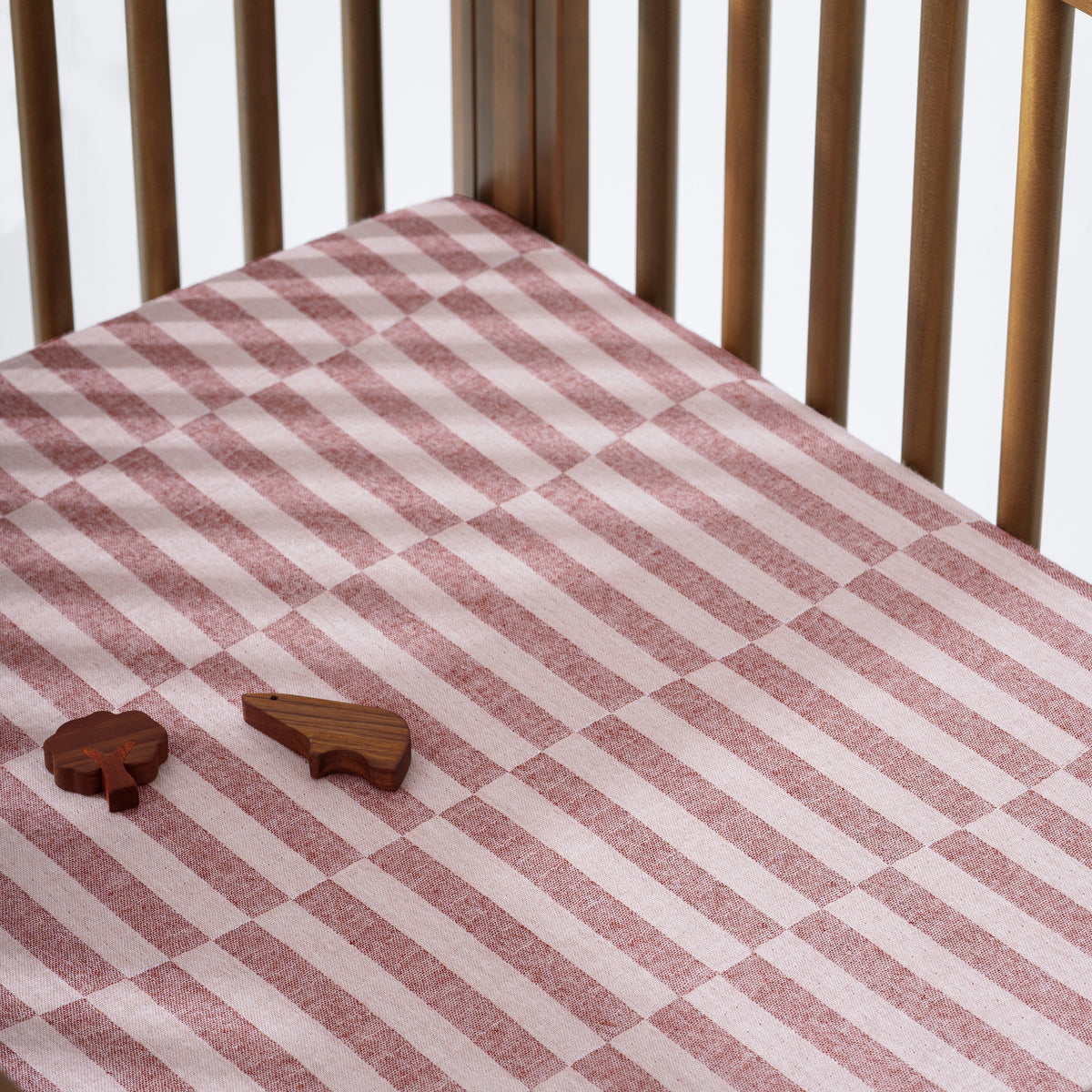 T30433,Maroon Stripe Muslin All-Stages Midi Crib Sheet in GOTS Certified Organic Cotton