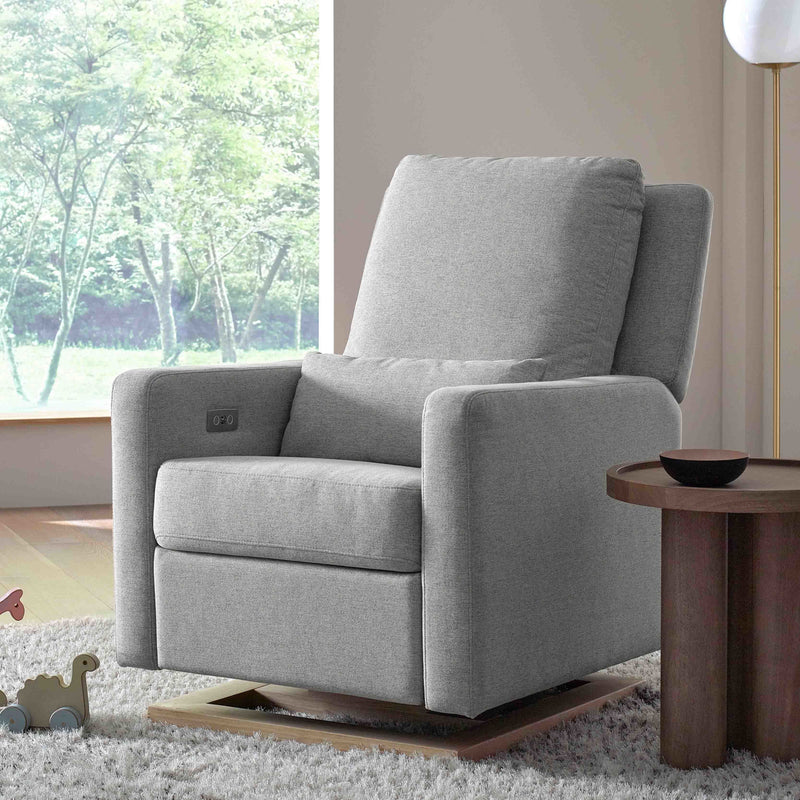 M23085PGEWLB,Sigi Glider Recliner w/ Electronic Control and USB in Performance Grey Eco-Weave w/Light Wood Base