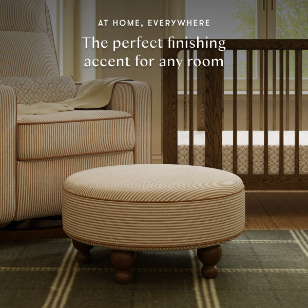 M33385BSCTF,Nate Berkus x Babyletto Astre Ottoman in Perf Bronze Stripe Eco-Crossweave w/Toffee feet