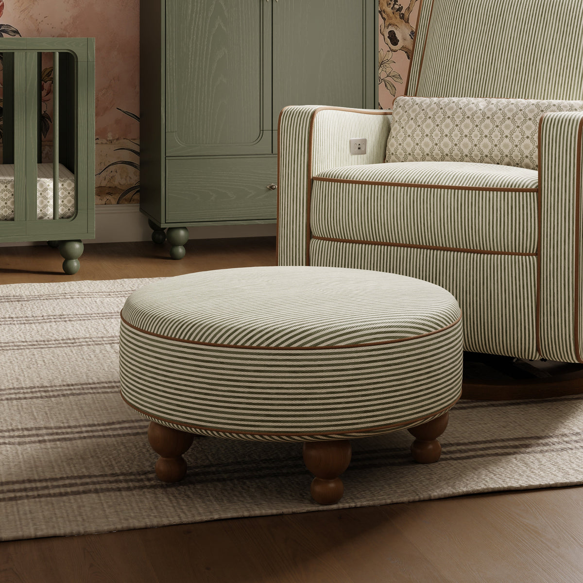 M33385OSCTF,Nate Berkus x Babyletto Astre Ottoman in Perf Olive Stripe Eco-Crossweave w/Toffee feet