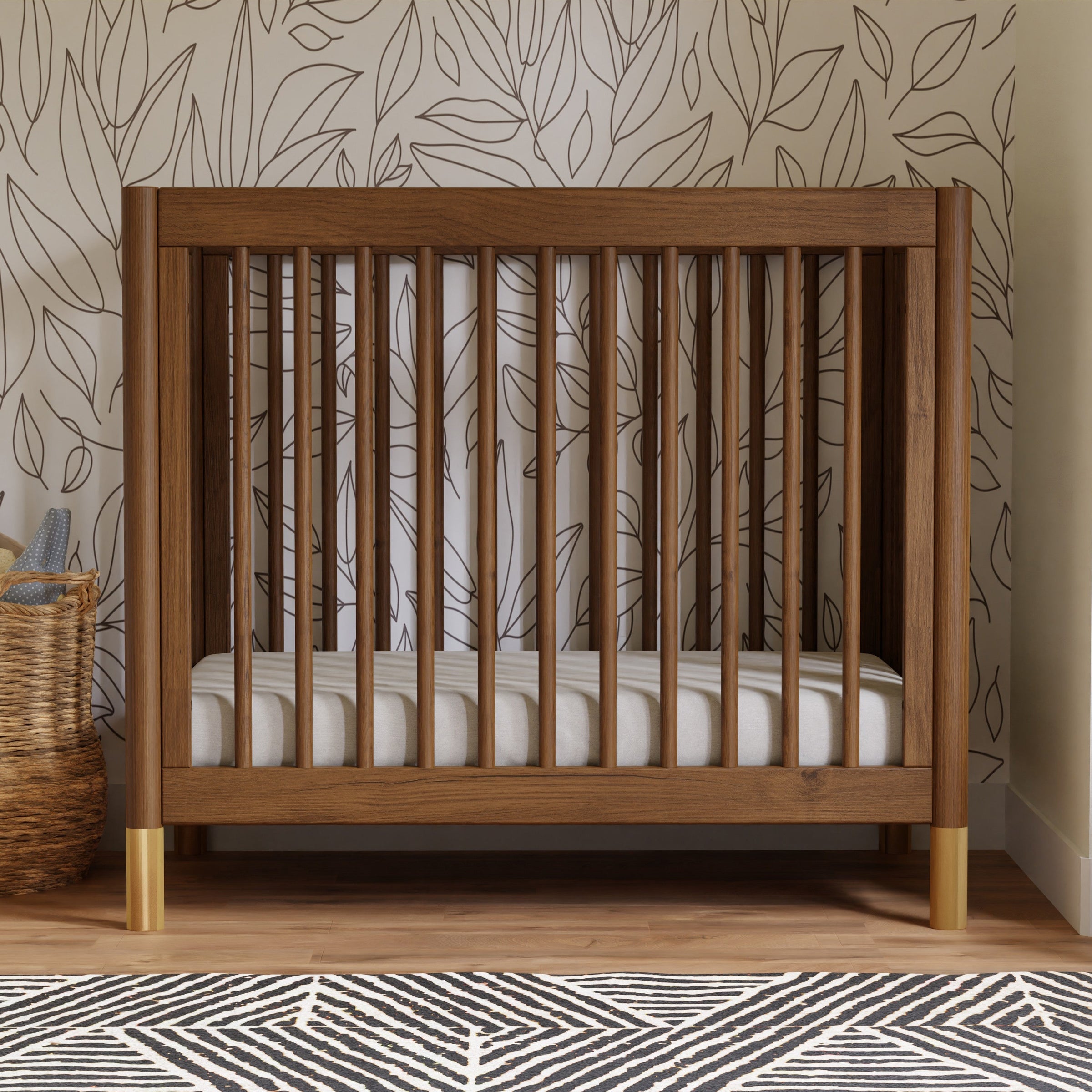 M12998NLGLD,Gelato 4-in-1 Convertible Mini Crib and Twin bed in Natural Walnut Finish with Gold Feet