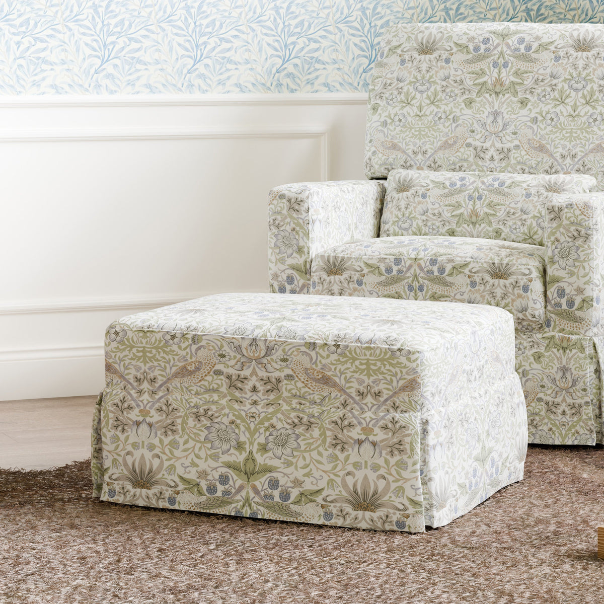 M21785TTFT,Crawford Gliding Ottoman in Strawberry Thief in Fig & Thyme