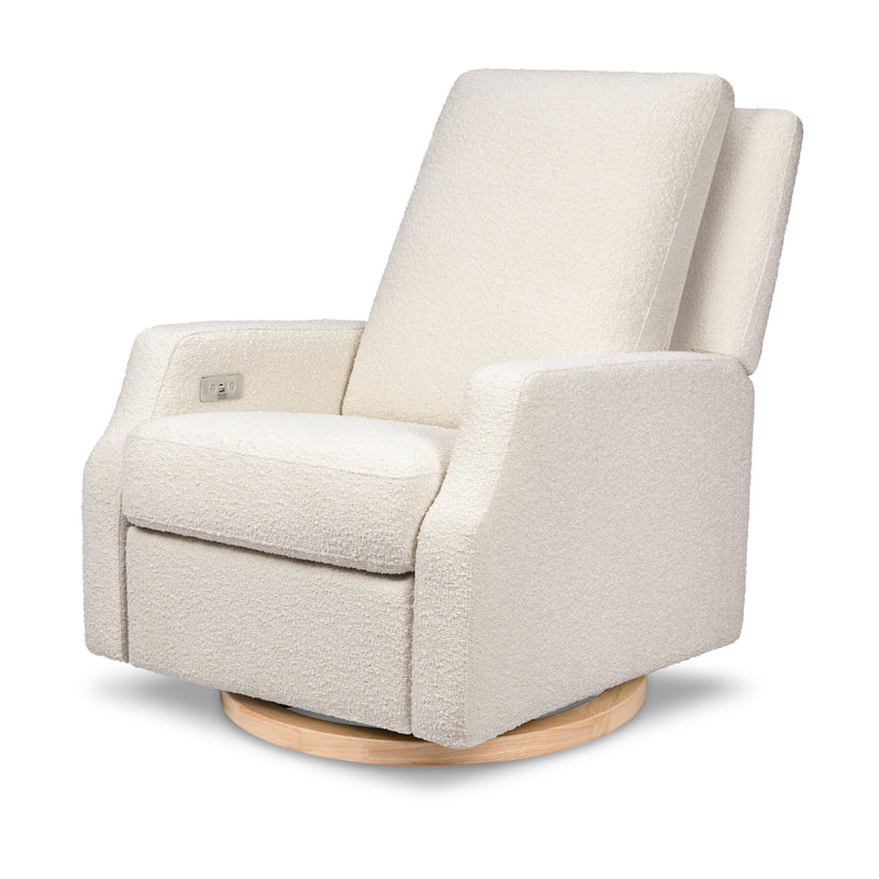M22286WBLB,Crewe Electronic Swivel Glider Recliner in Ivory Boucle w/Light Wood Base