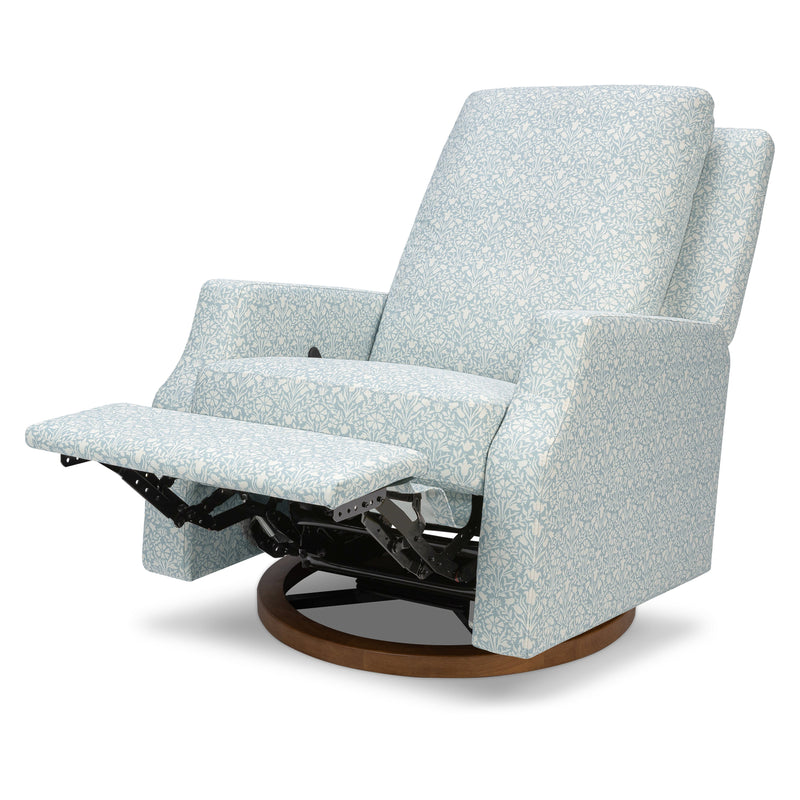 M22287BPBDB,Crewe Recliner and Swivel Glider in Bellflowers in Powdered Blue w/Dark Wood Base