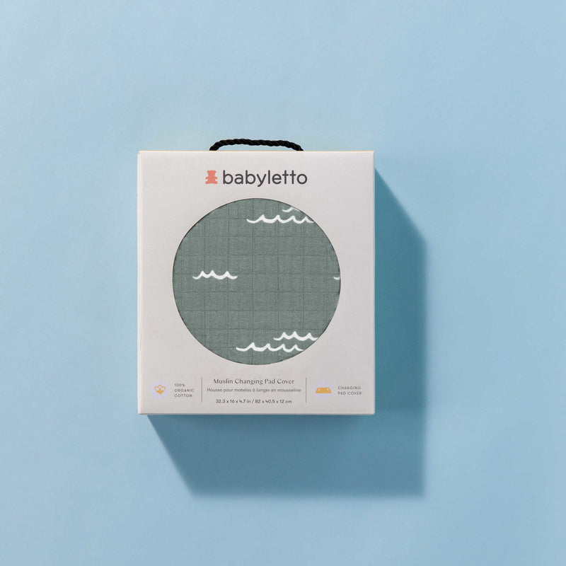 T27137,Ocean Waves Quilted Muslin Changing Pad Cover in GOTS Certified Organic Cotton