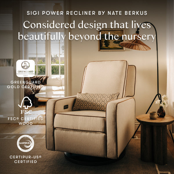 M23085PCMTB,Nate Berkus x Babyletto Sigi Power Recliner in Performance Cream Linen w/ Toffee Base