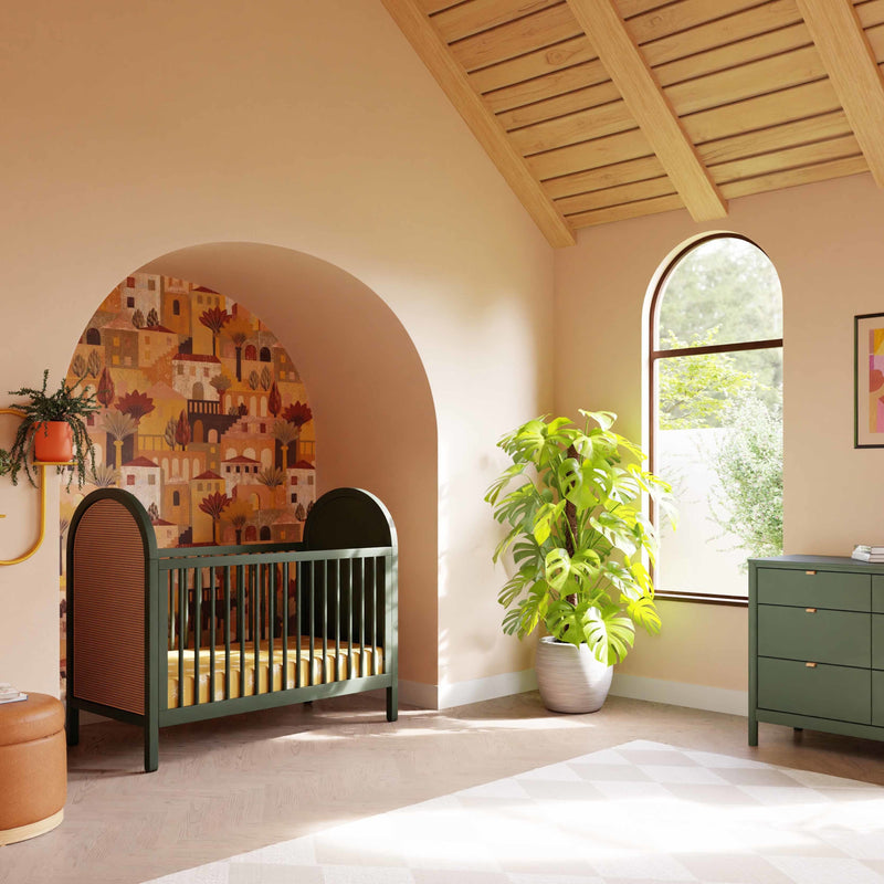 M25601FRGRNC,Bondi Cane 3-in-1 Convertible Crib w/ Toddler Bed Kit in Forest Green w/ Natural Cane