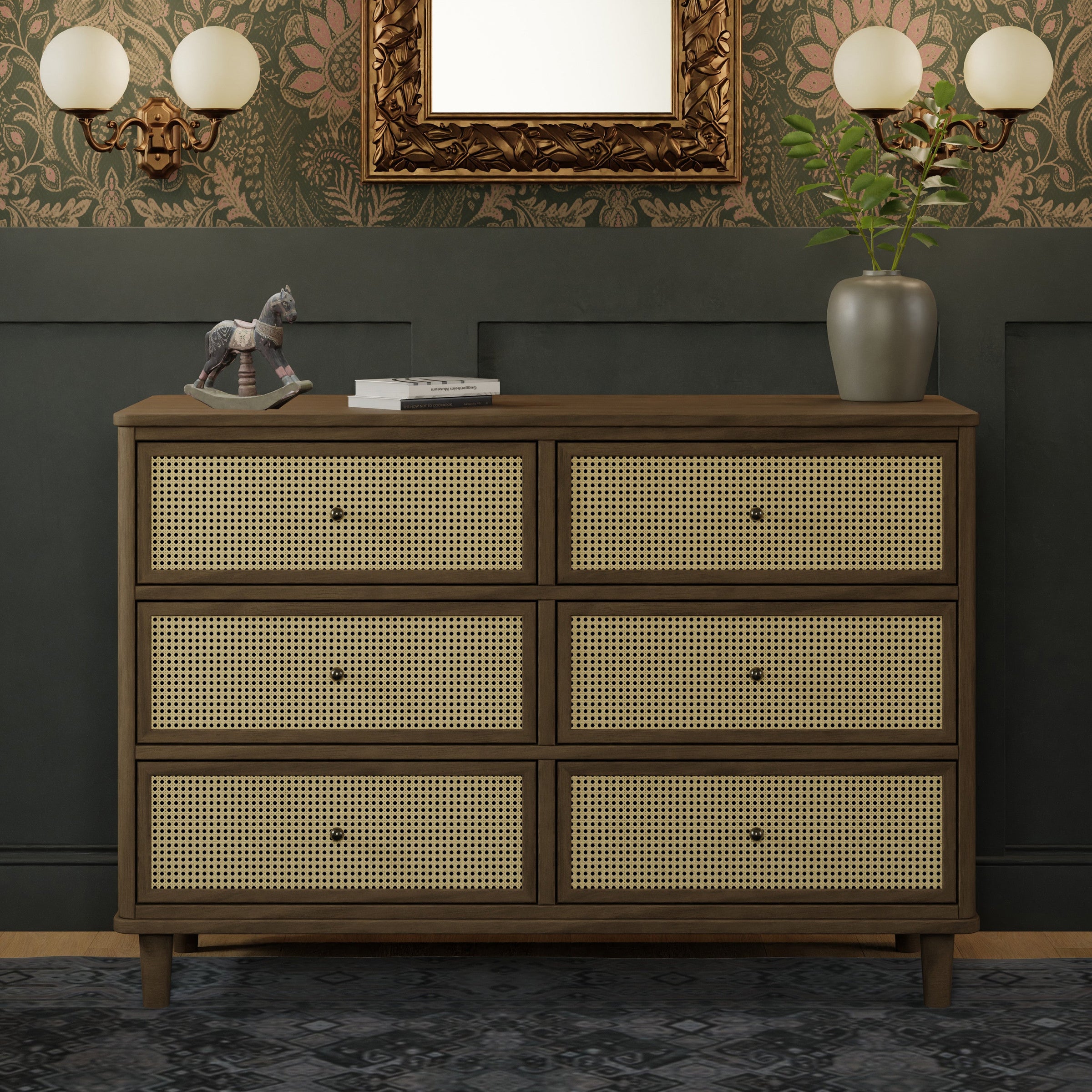 M23716NLBC,Marin with Cane 6 Drawer Assembled Dresser in Natural Walnut and Blonde Cane