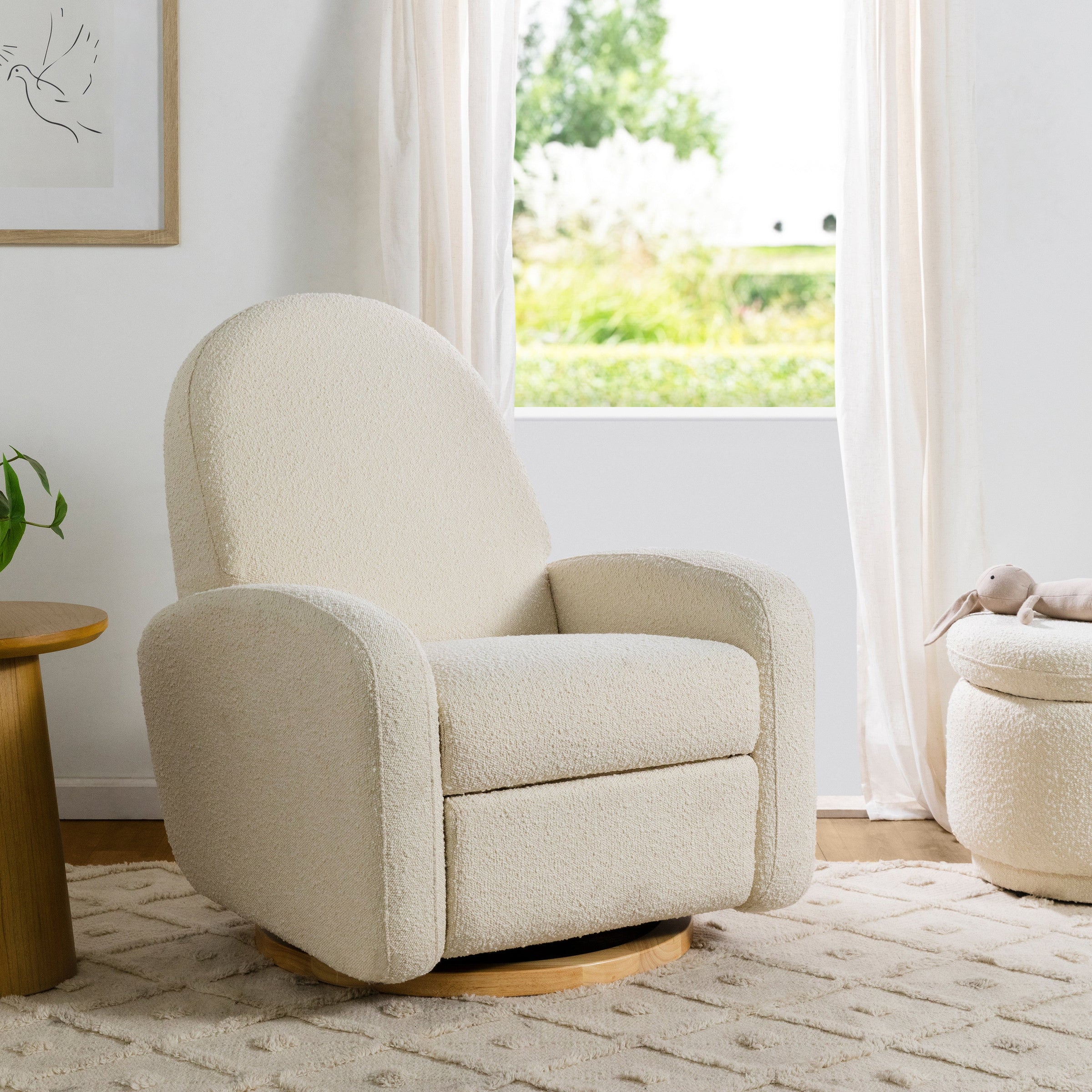 M23188WBLB,Nami Glider Recliner w/ Electronic Control and USB in Ivory Boucle w/Light Wood Base