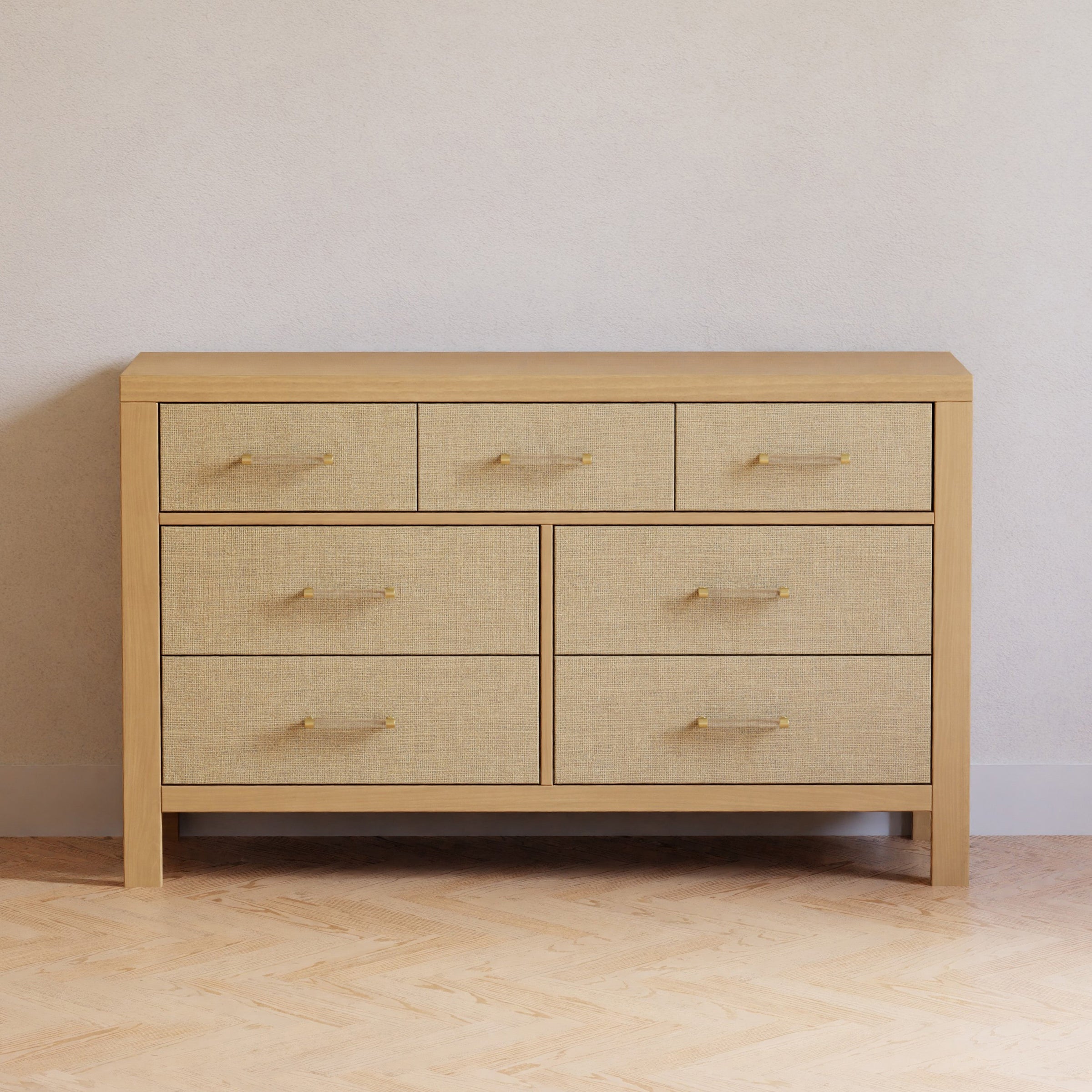 M24816HYPSEW,Eloise 7-Drawer Assembled Dresser in Honey & Performance Sand Eco-Weave