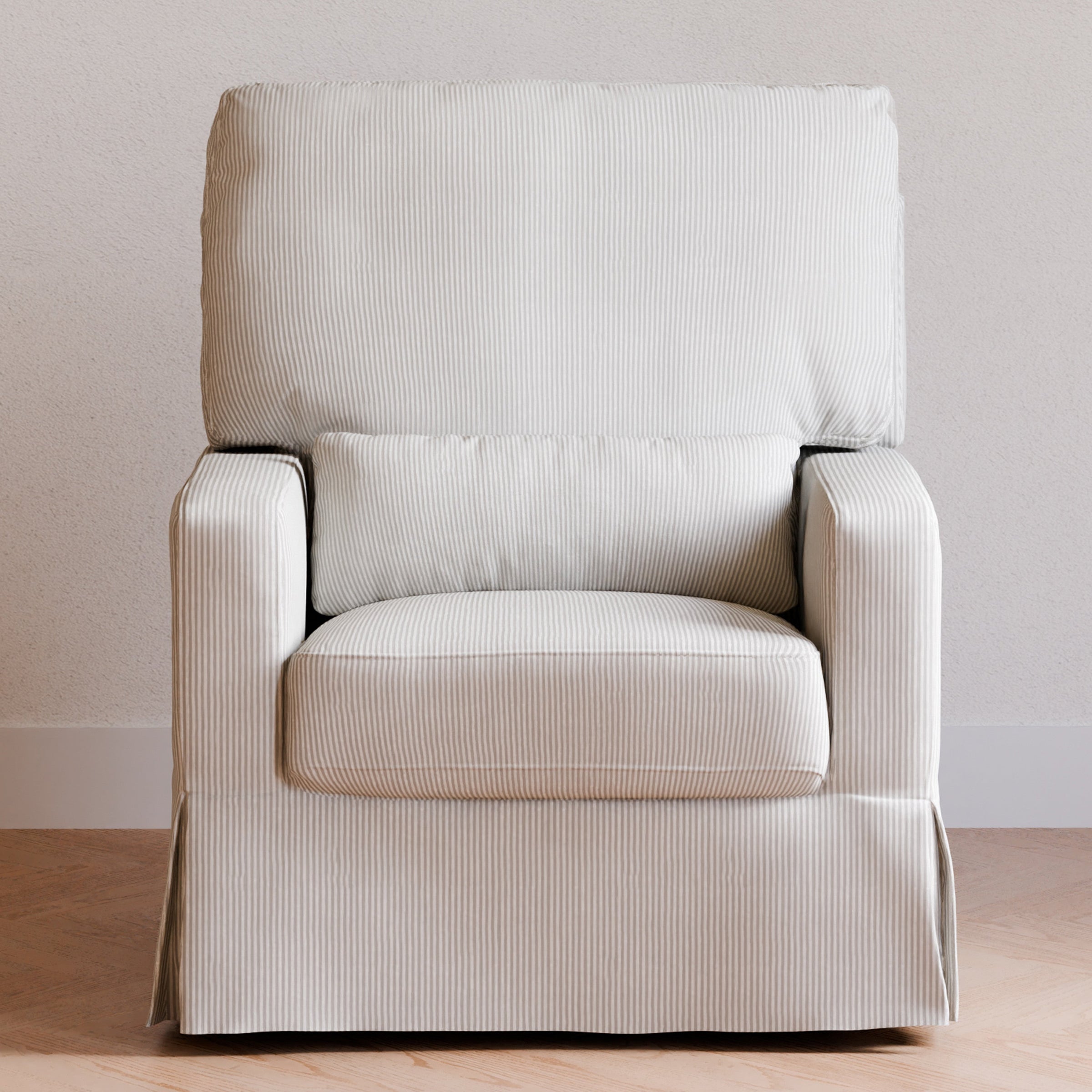 M21787FCS,Crawford Pillowback Comfort Swivel Glider in Fog Chatham Stripe Performance Eco-Weave