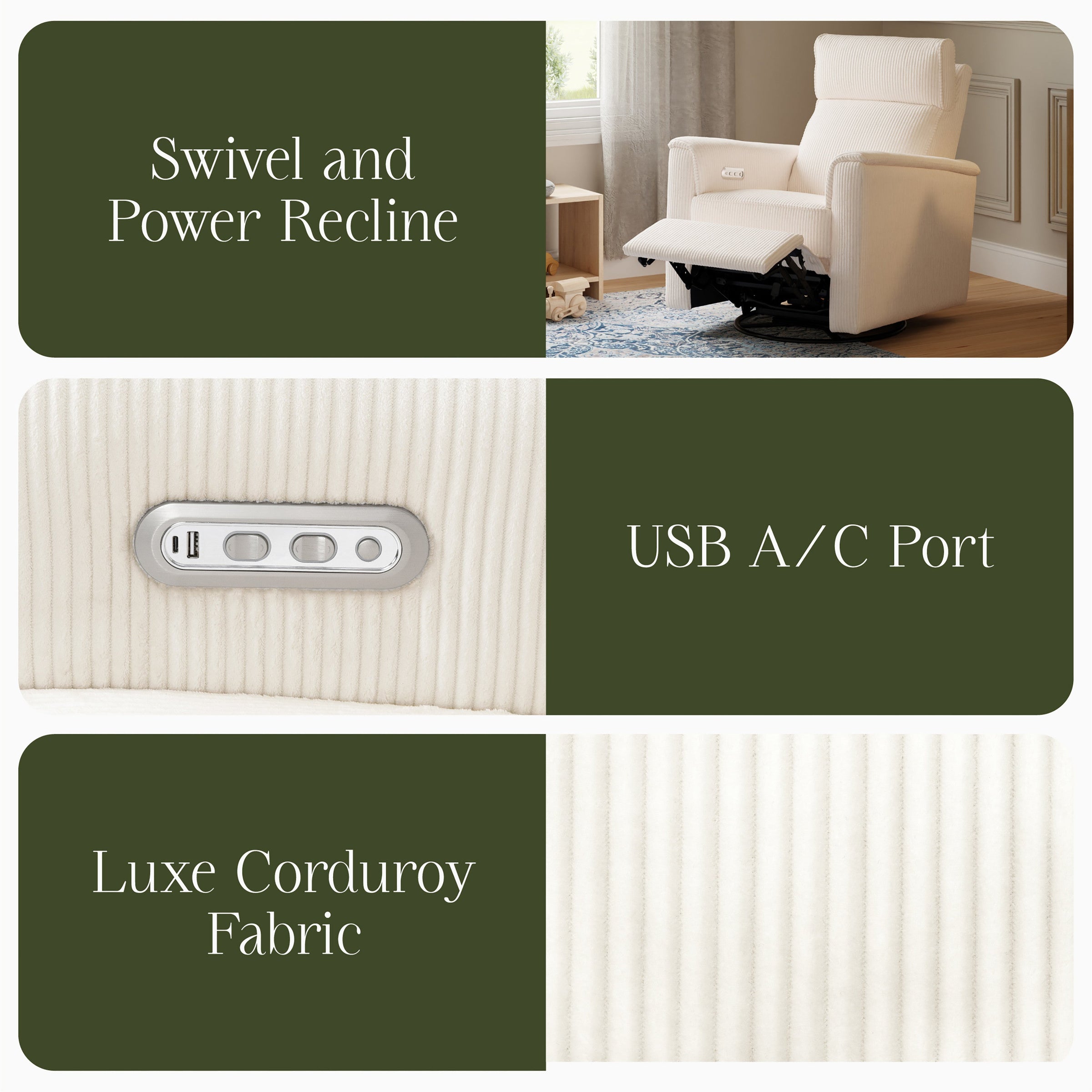 B17186YC,Willa Plus Power Glider Recliner w/ Power Headrest in Ivory Corduroy