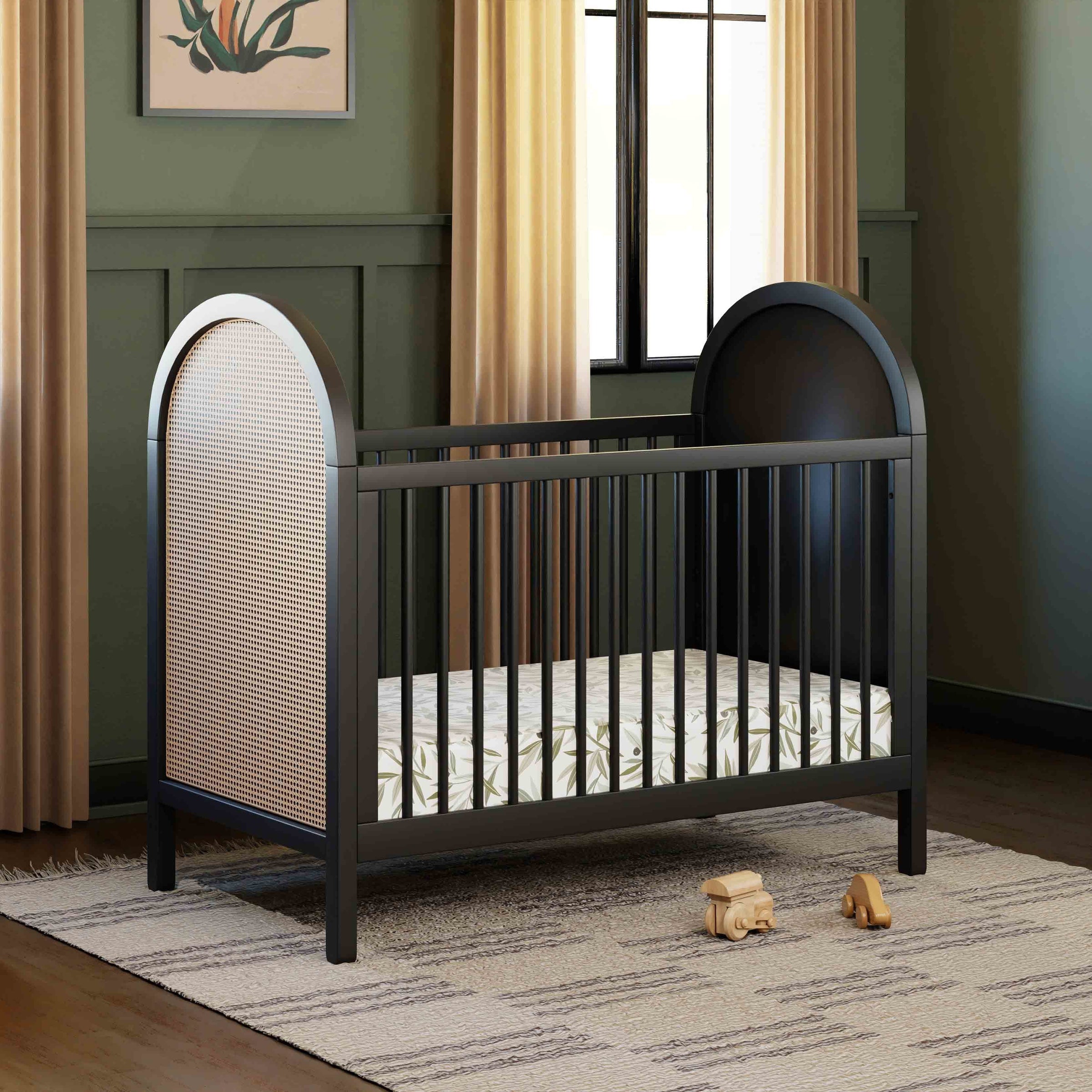 M25601BNC,Bondi Cane 3-in-1 Convertible Crib w/ Toddler Bed Kit in Black with Natural Cane