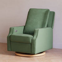 M22286FGVLB,Crewe Electronic Swivel Glider Recliner in Forest Green Velvet w/Light Wood Base