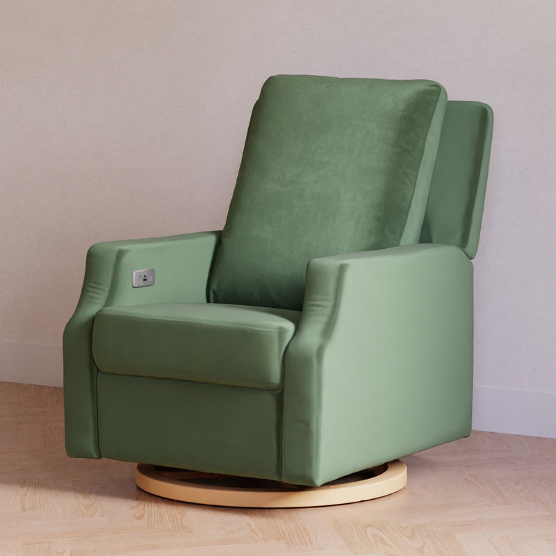 M22286FGVLB,Crewe Electronic Swivel Glider Recliner in Forest Green Velvet w/Light Wood Base
