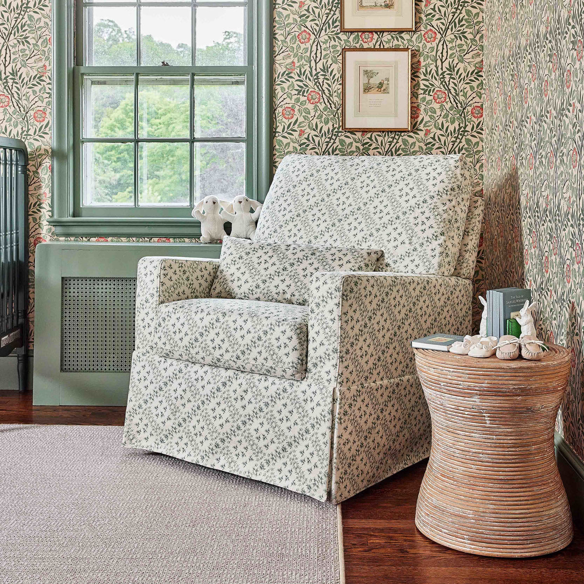 M21787GLT,Namesake,Sarah Flint x Namesake Crawford Swivel Glider in Green Lattice Performance Eco-Weave