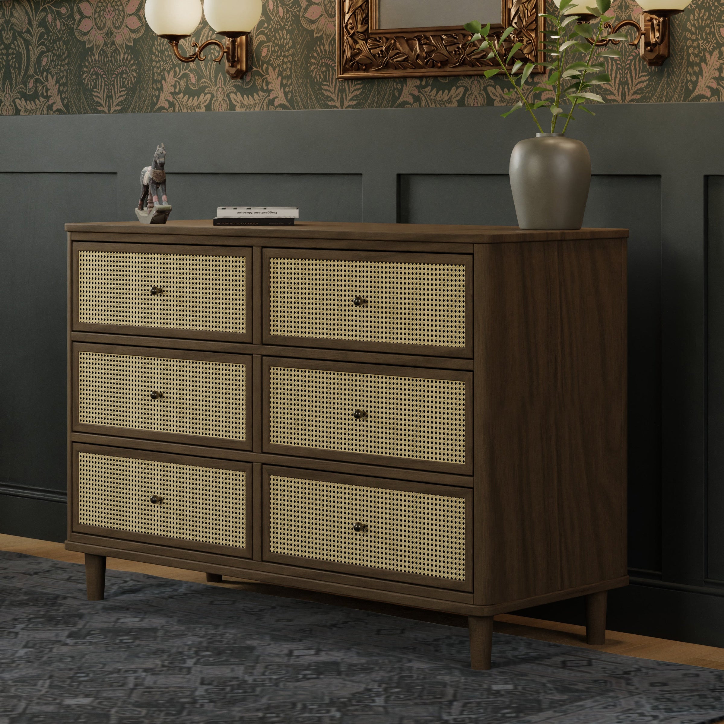 M23716NLBC,Marin with Cane 6 Drawer Assembled Dresser in Natural Walnut and Blonde Cane