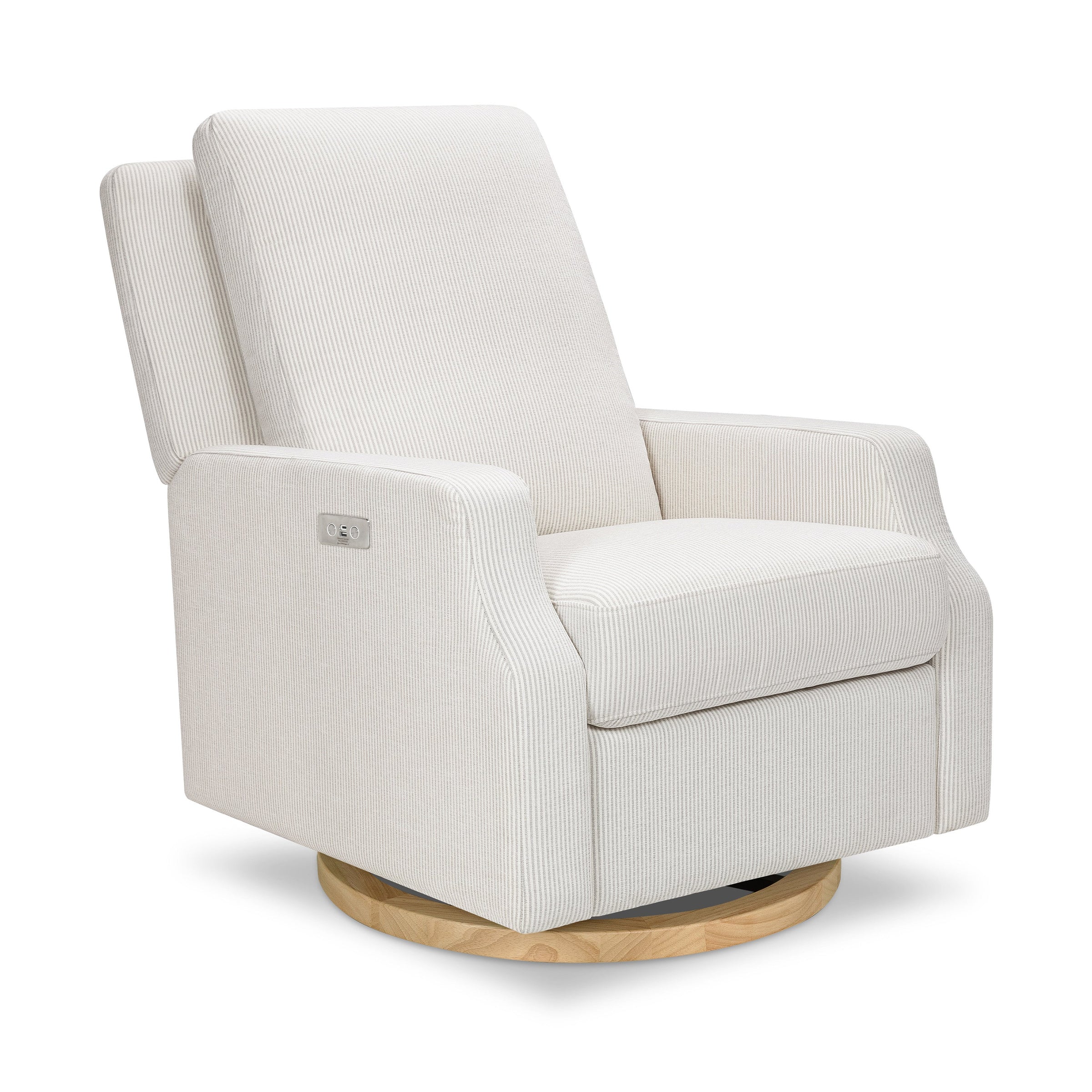 M22286FCSLB,Crewe Electronic Swivel Glider Recliner in Fog Chatham Stripe Performance Eco-Weave w/LB
