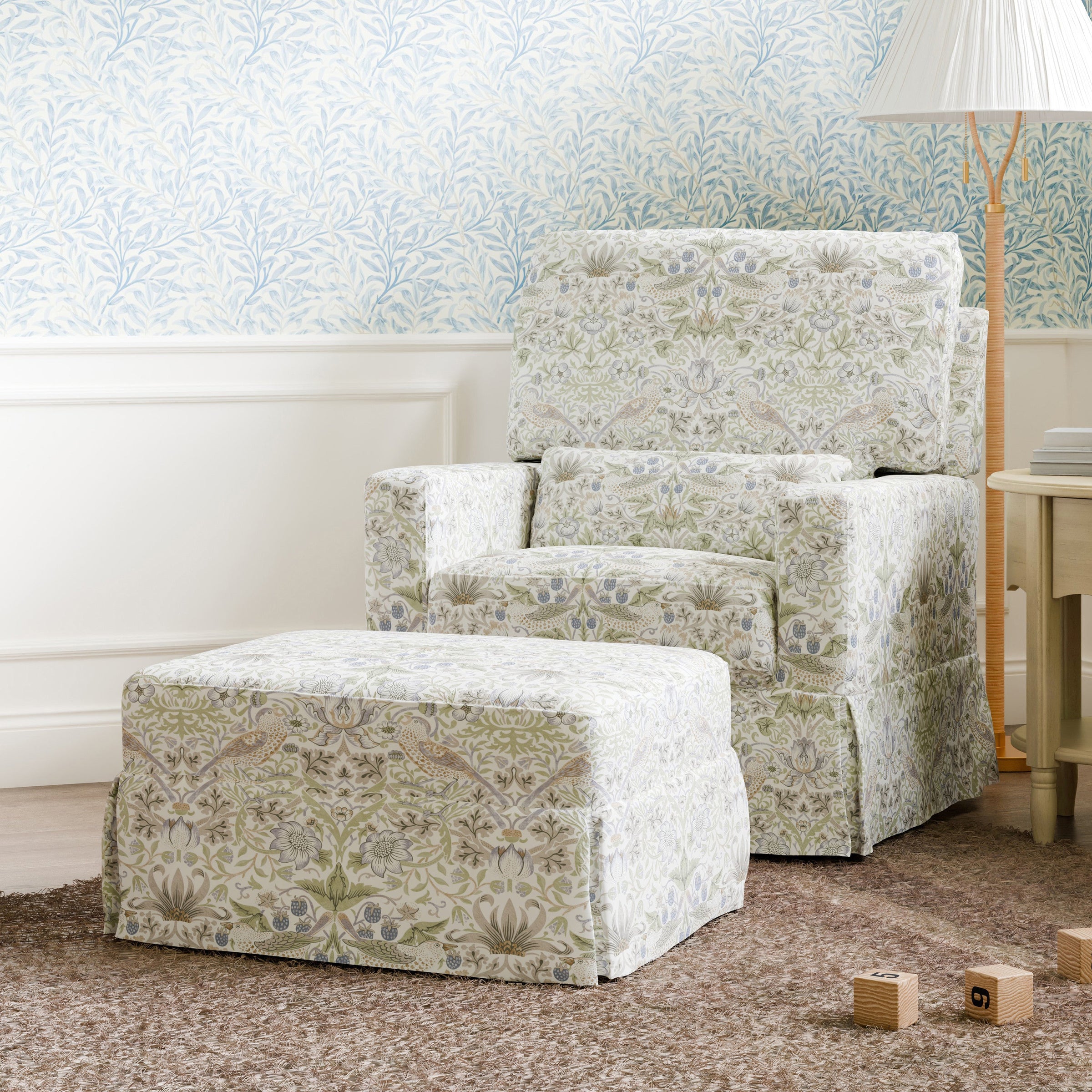 M21785TTFT,Crawford Gliding Ottoman in Strawberry Thief in Fig & Thyme