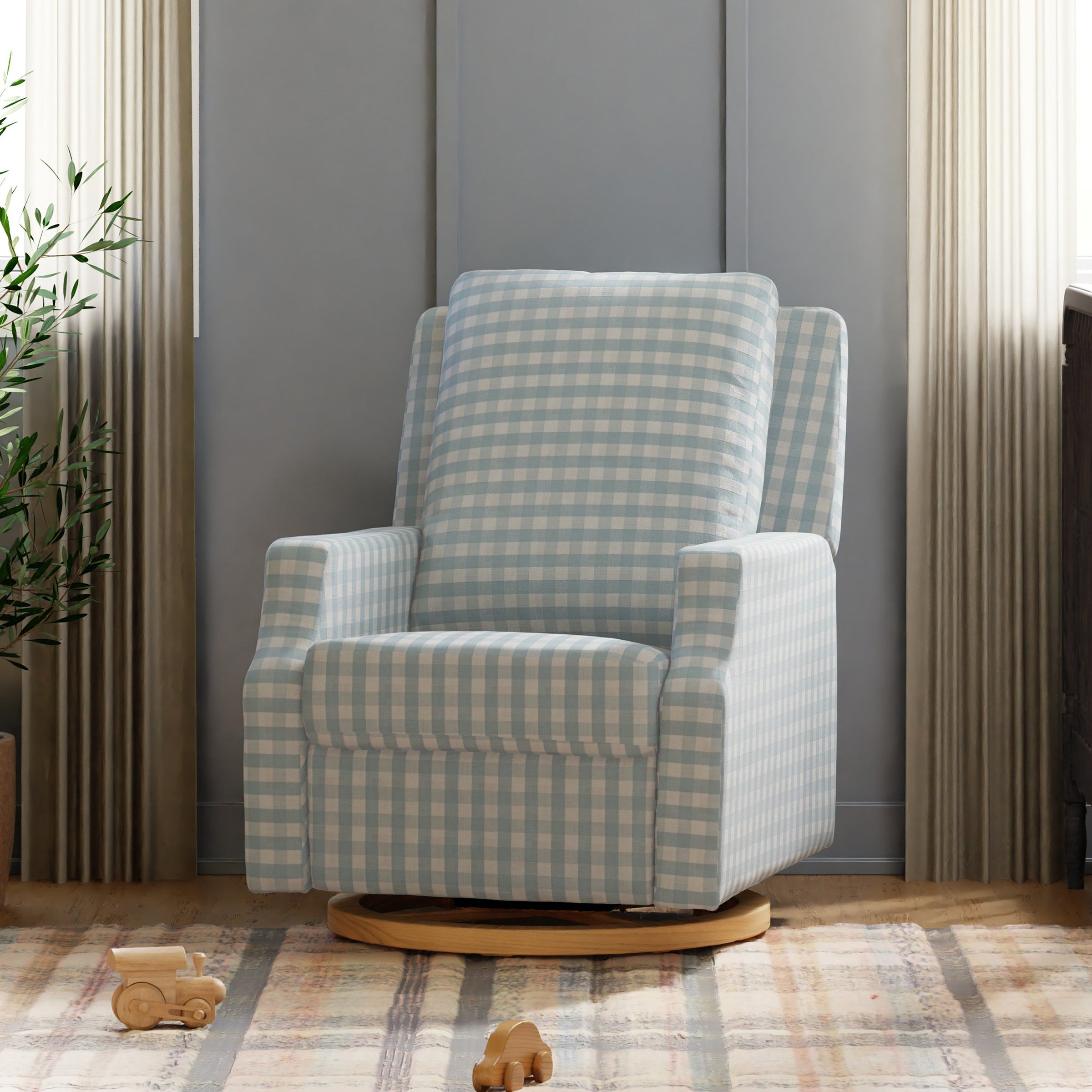 M22287BGHLB,Crewe Recliner and Swivel Glider in Blue Gingham with Light Wood Base