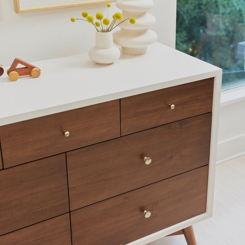 M15916RWNL,Palma 7-Drawer Double Dresser  Assembled in Warm White w/Natural Walnut