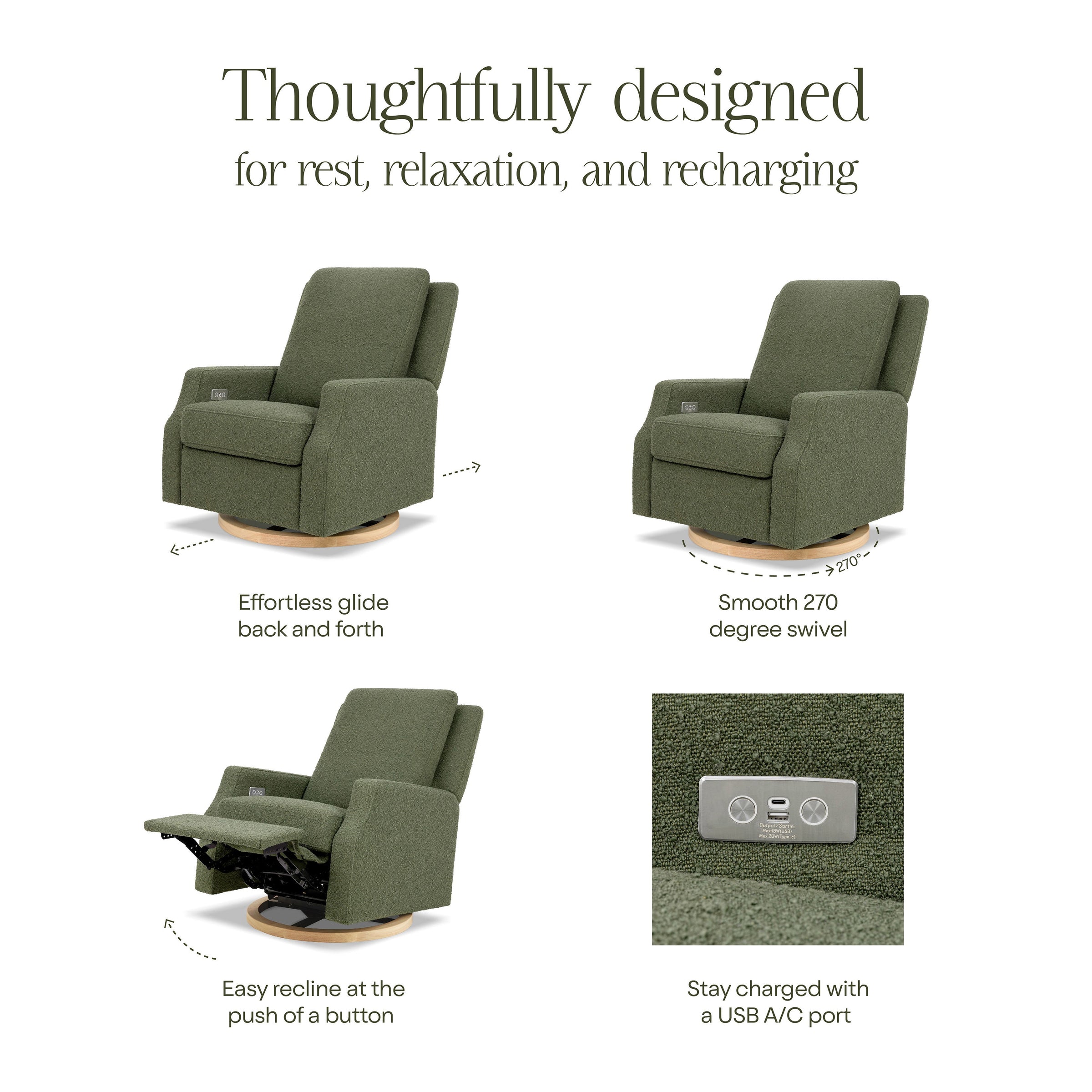 M22286OBLB,Crewe Electronic Swivel Glider Recliner in Olive Boucle w/Light Wood Base