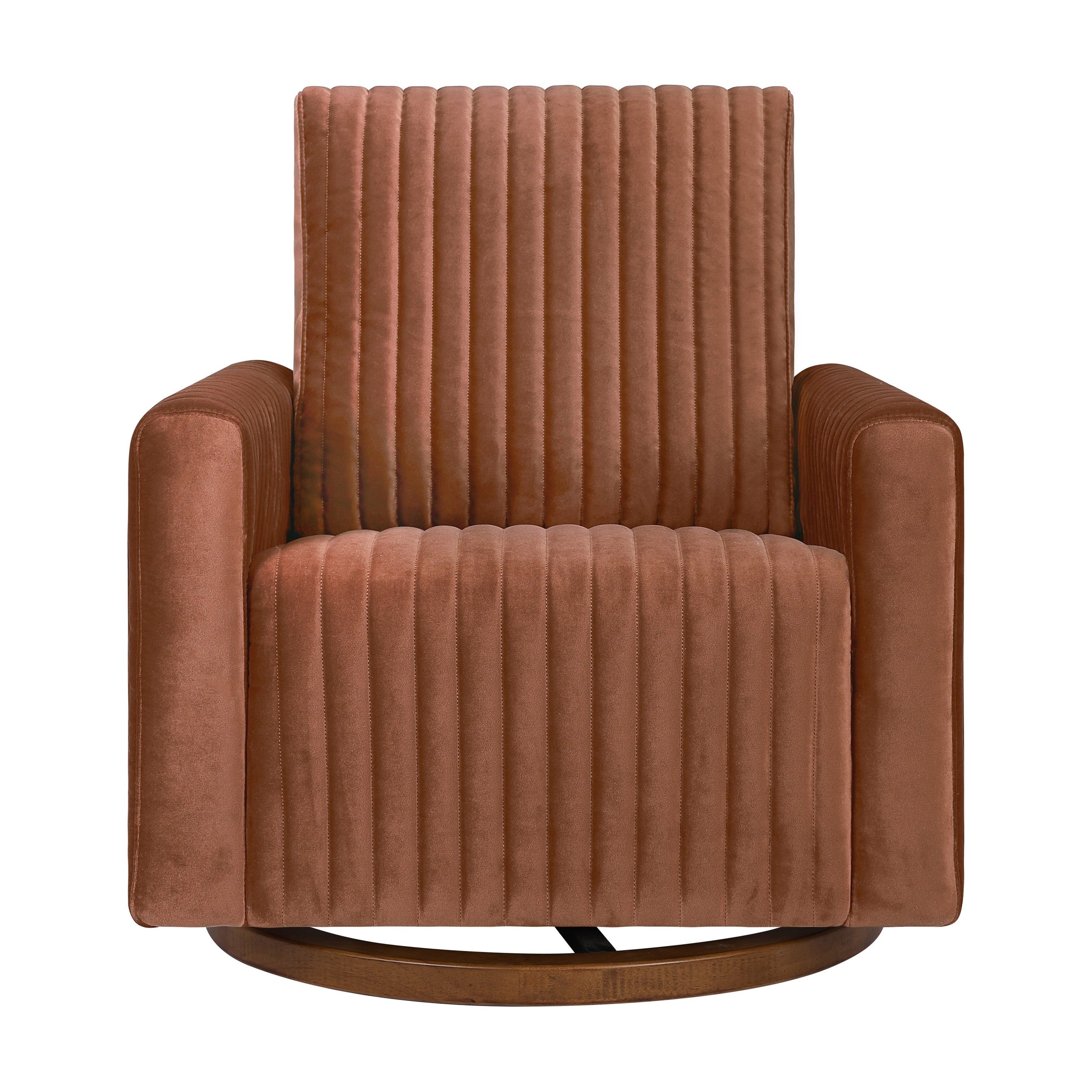 M26687RTVDB,Poe Channeled Swivel Glider in Rust Velvet with Dark Wood Base
