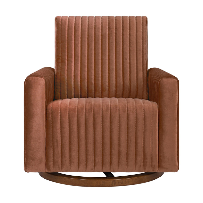 M26687RTVDB,Poe Channeled Swivel Glider in Rust Velvet with Dark Wood Base