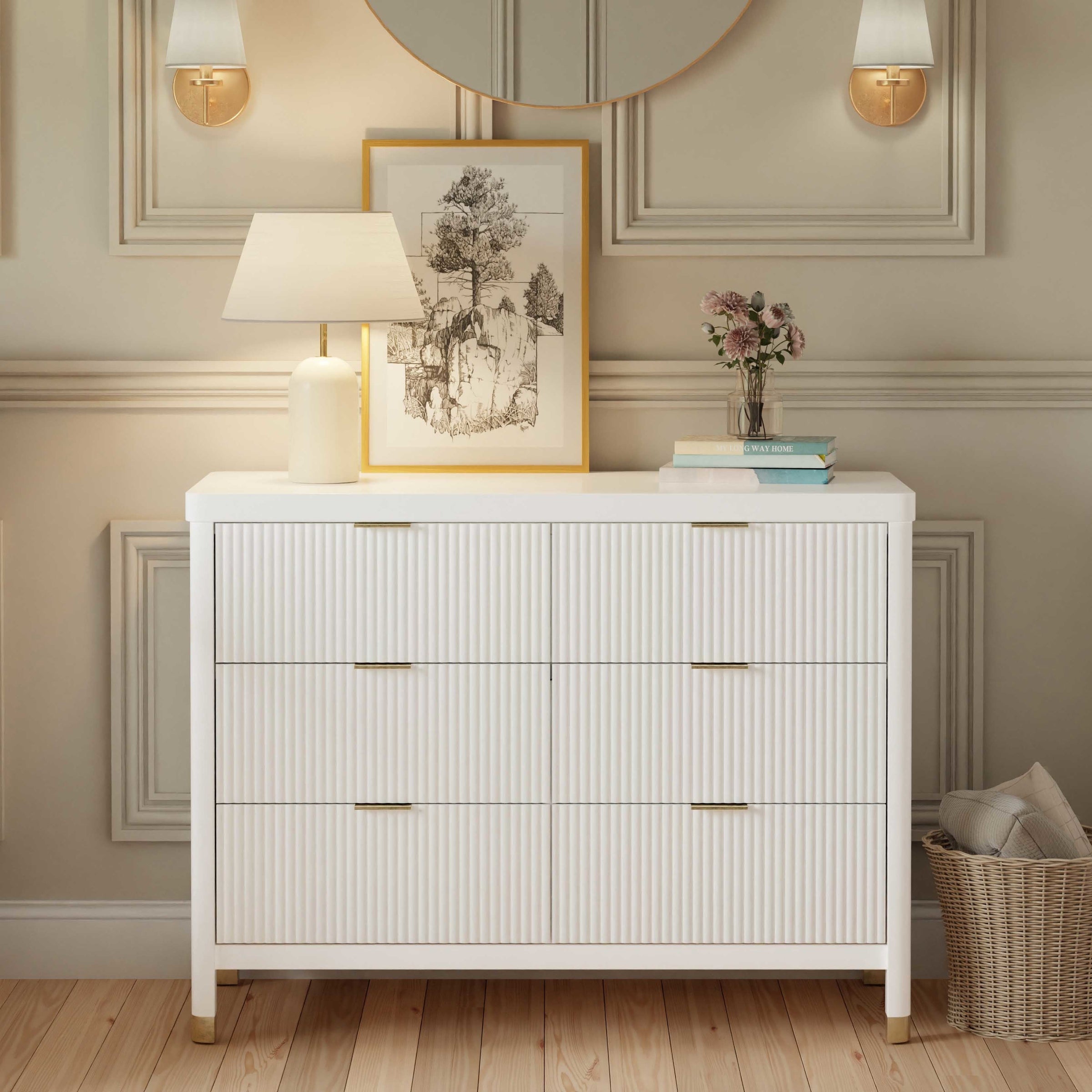 M26716RW,Brimsley Tambour 6-Drawer Assembled Dresser in Warm White