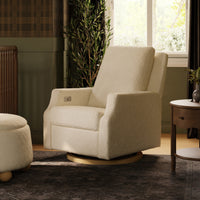 M22286WBLB,Crewe Electronic Swivel Glider Recliner in Ivory Boucle w/Light Wood Base