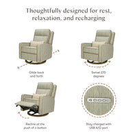 M23082OSCTB,Nate Berkus x Babyletto Sigi Pro Power Recliner in Perf Olive Stripe Eco-Crossweave w/Toffee Base