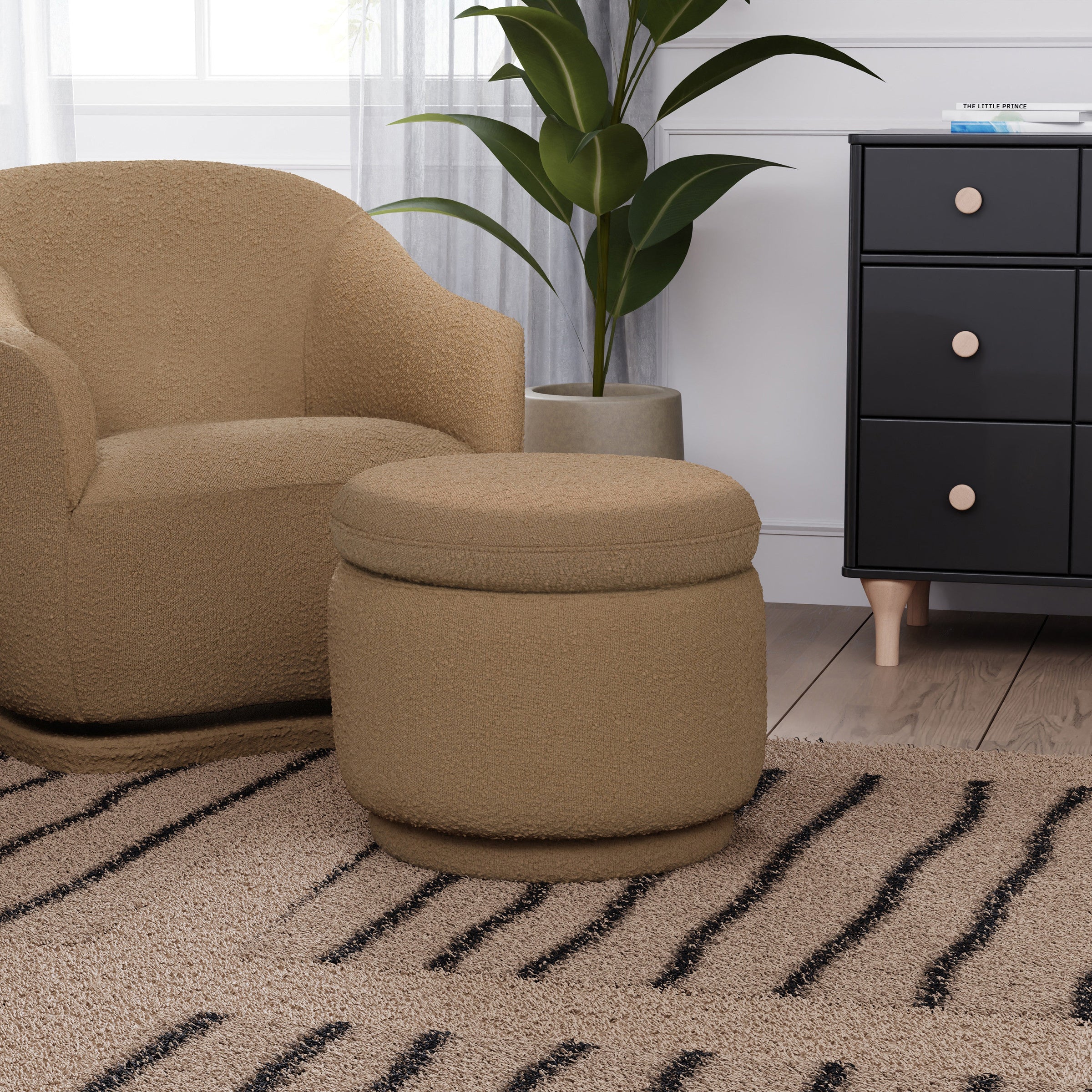 M22985SAB,Enoki Storage Ottoman in Sand Boucle