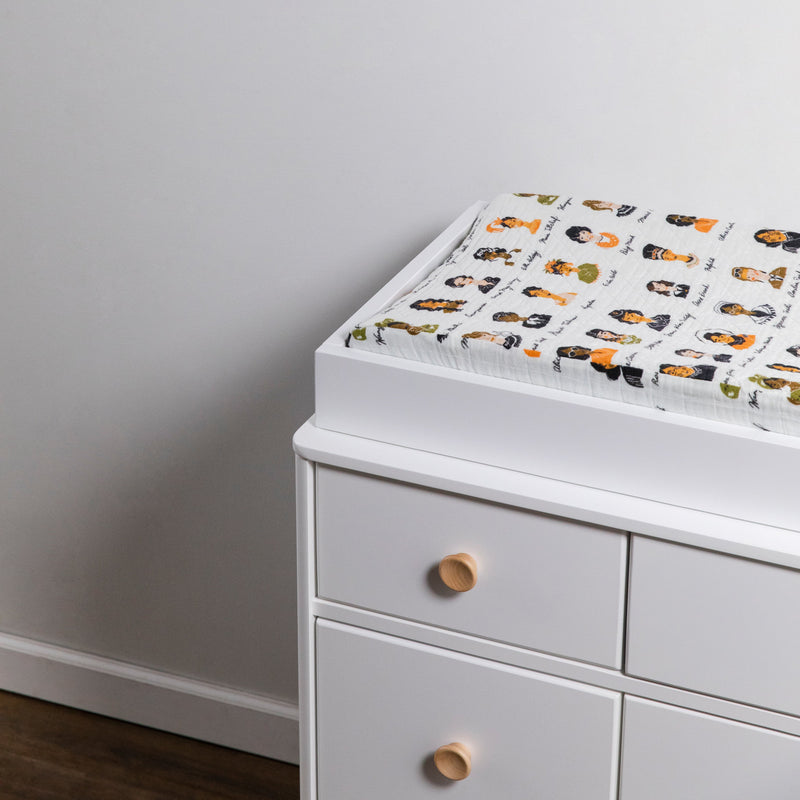 T28437,Women In History Quilted Muslin Changing Pad Cover in GOTS Certified Organic Cotton