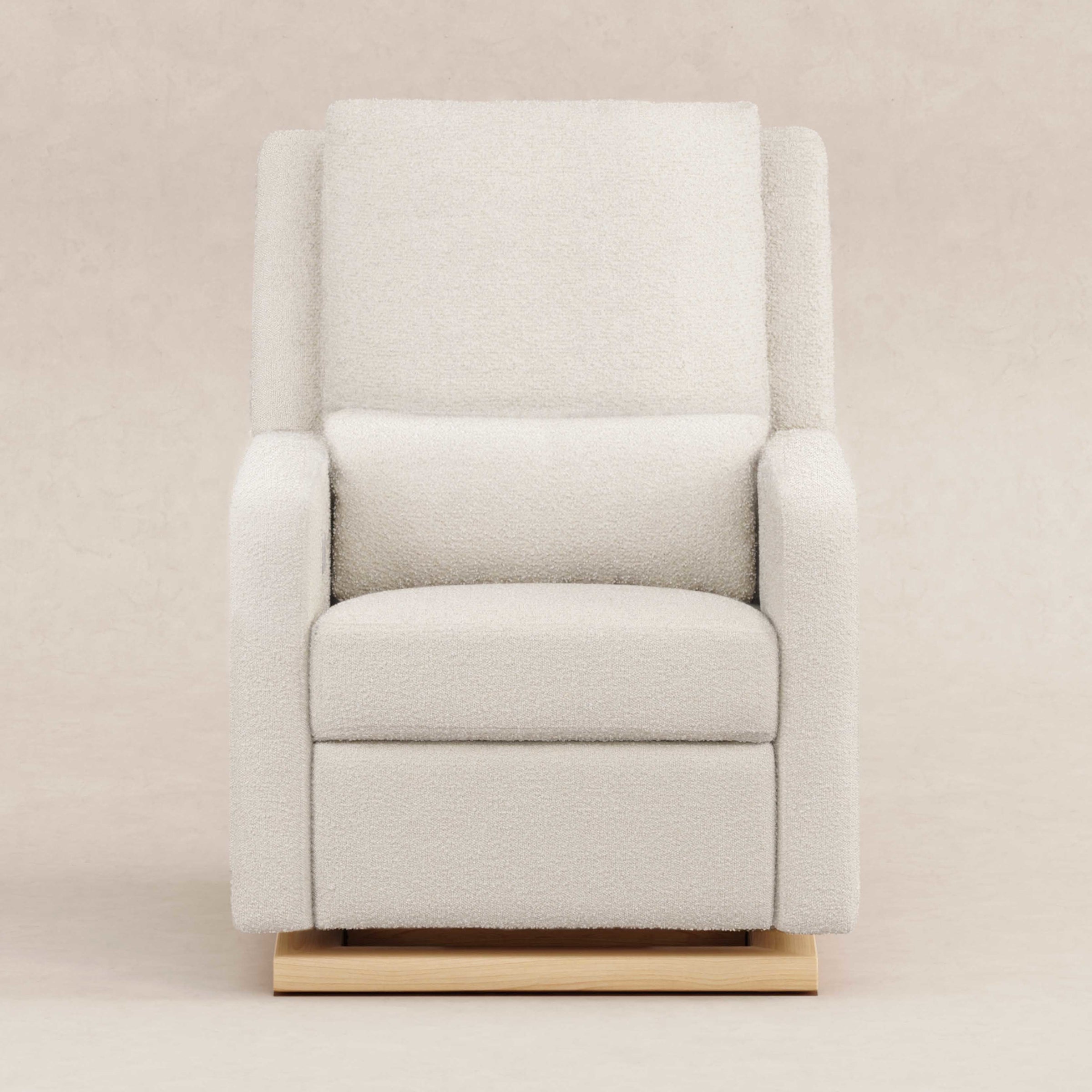 M23085WBLB,Sigi Glider Recliner w/ Electronic Control and USB in Ivory Boucle w/ Light Wood Base