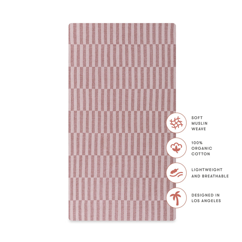 T30435,Maroon Stripe Muslin Crib Sheet in GOTS Certified Organic Cotton