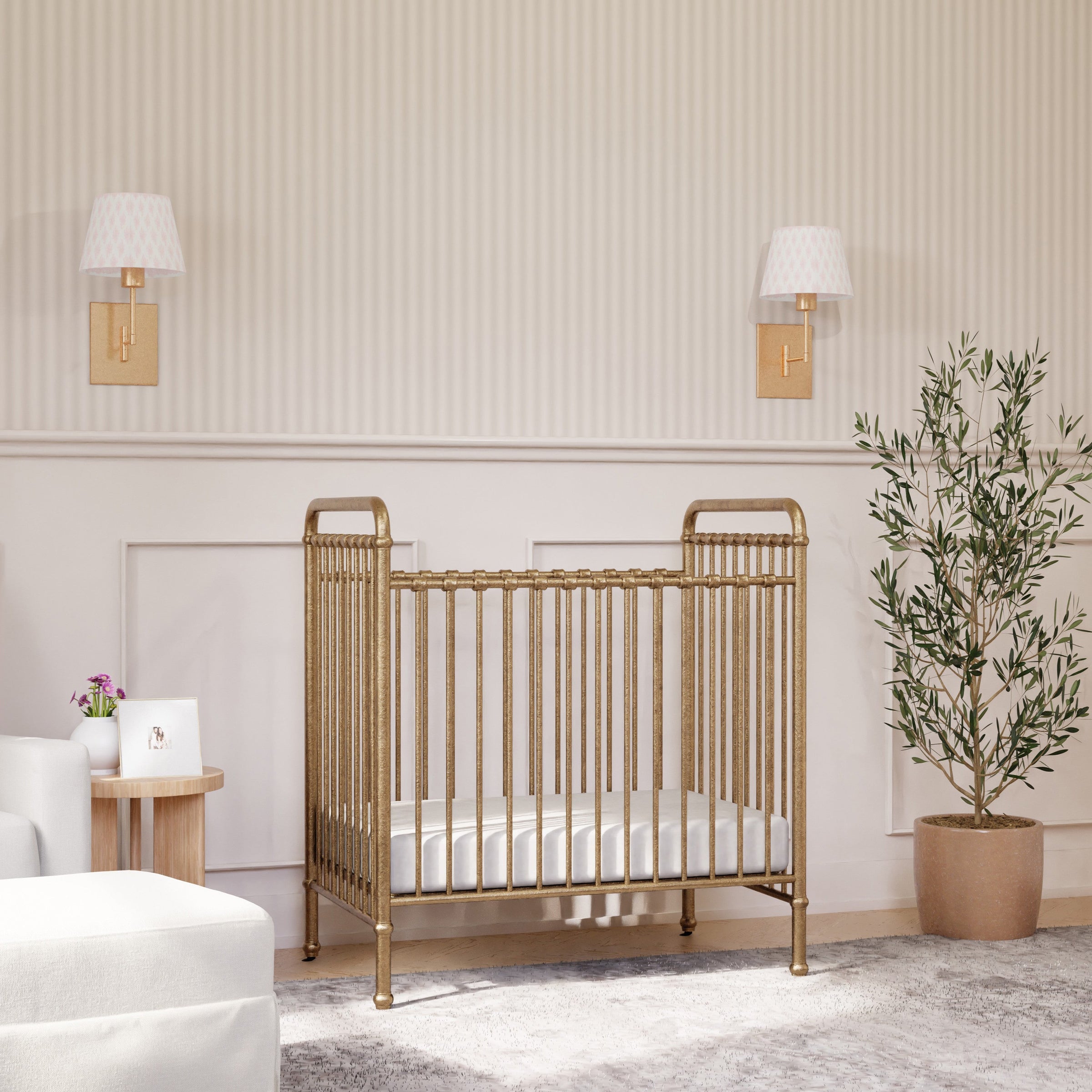 M15598VG,Abigail 3-in-1 Convertible Mini Crib in Vintage Gold