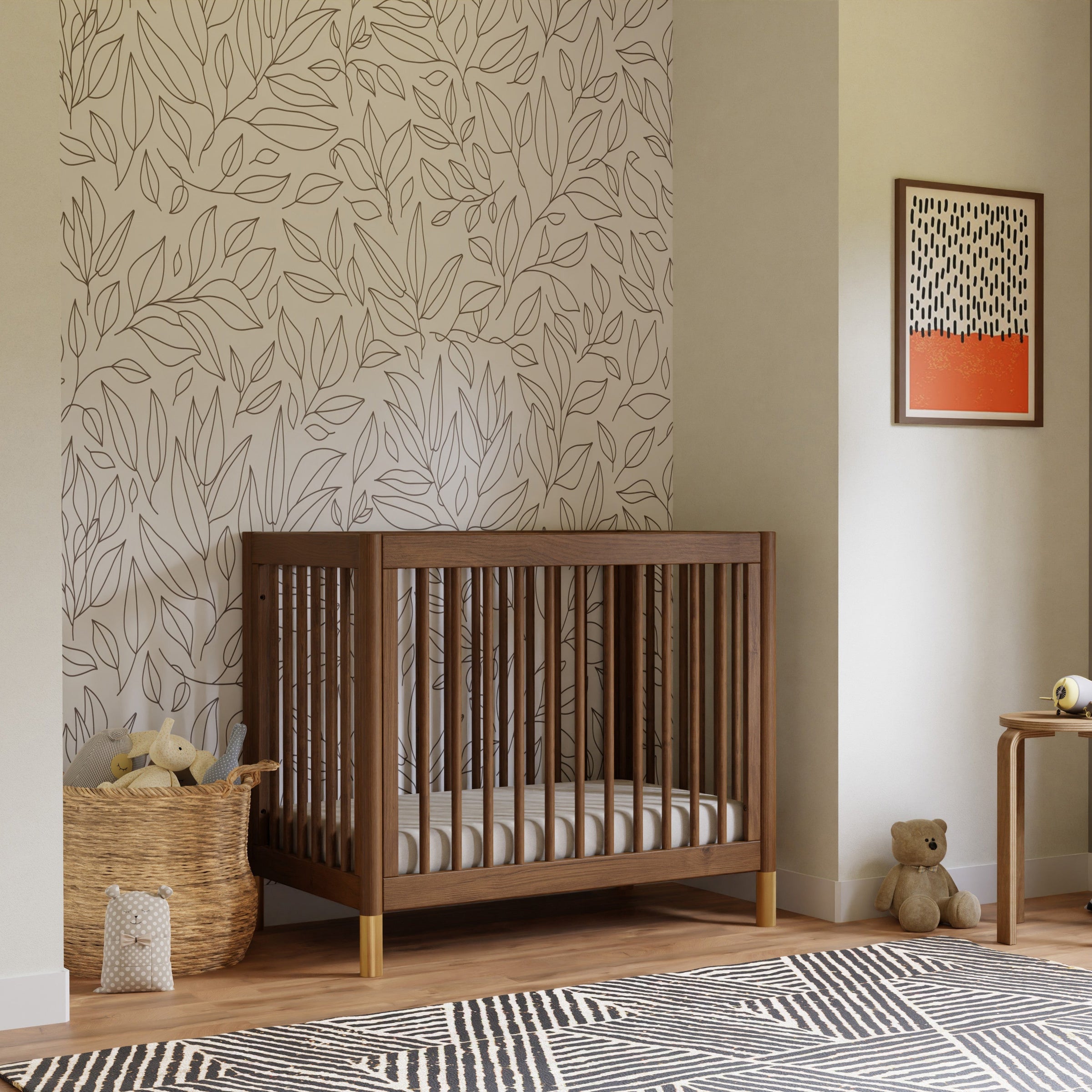 M12998NLGLD,Gelato 4-in-1 Convertible Mini Crib and Twin bed in Natural Walnut Finish with Gold Feet